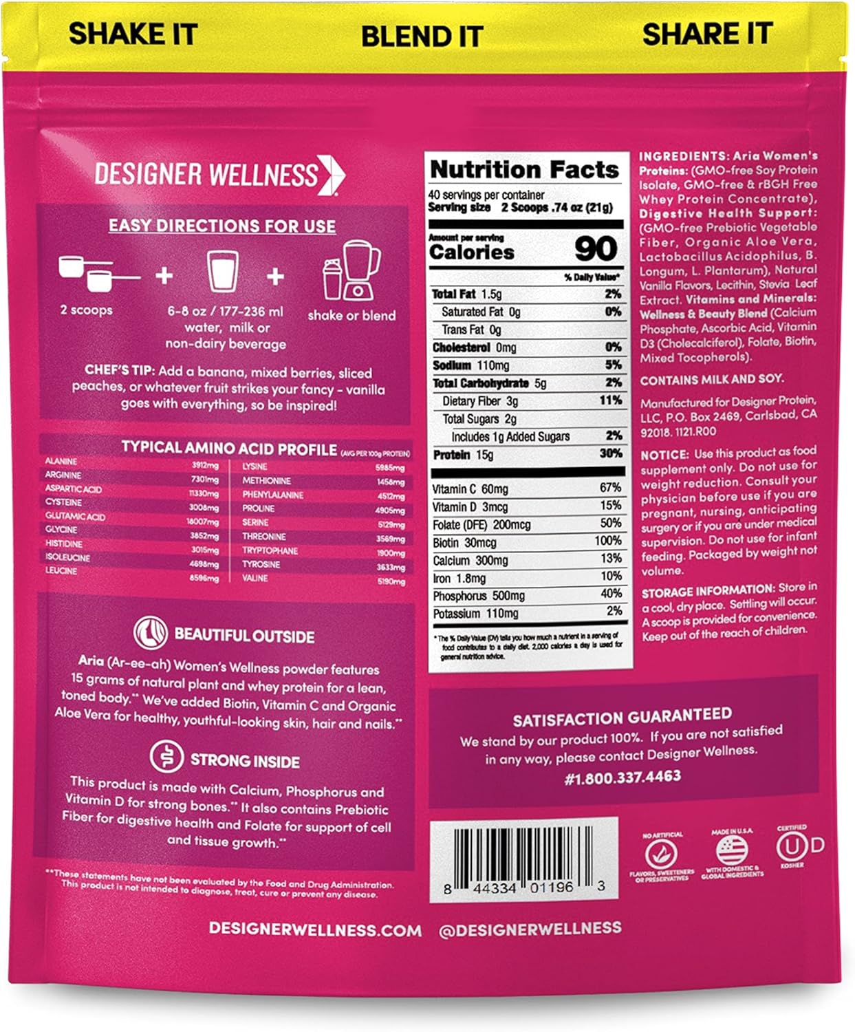 Aria Designer Wellness Women's Low Calorie Vanilla Protein Powder with Biotin & Vitamin C - 1.85 lb