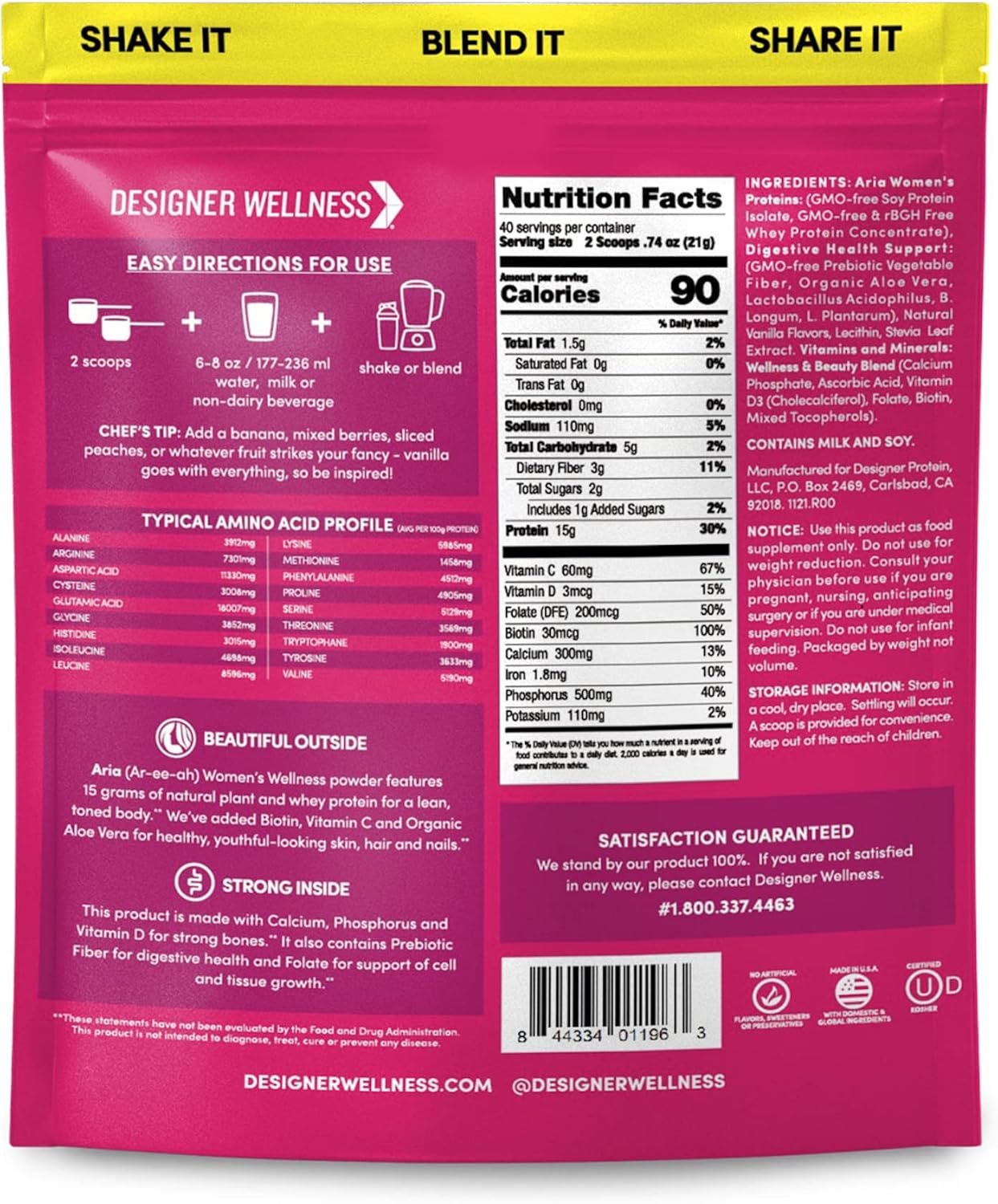Aria Designer Wellness Women's Low Calorie Vanilla Protein Powder with Biotin & Vitamin C - 1.85 lb