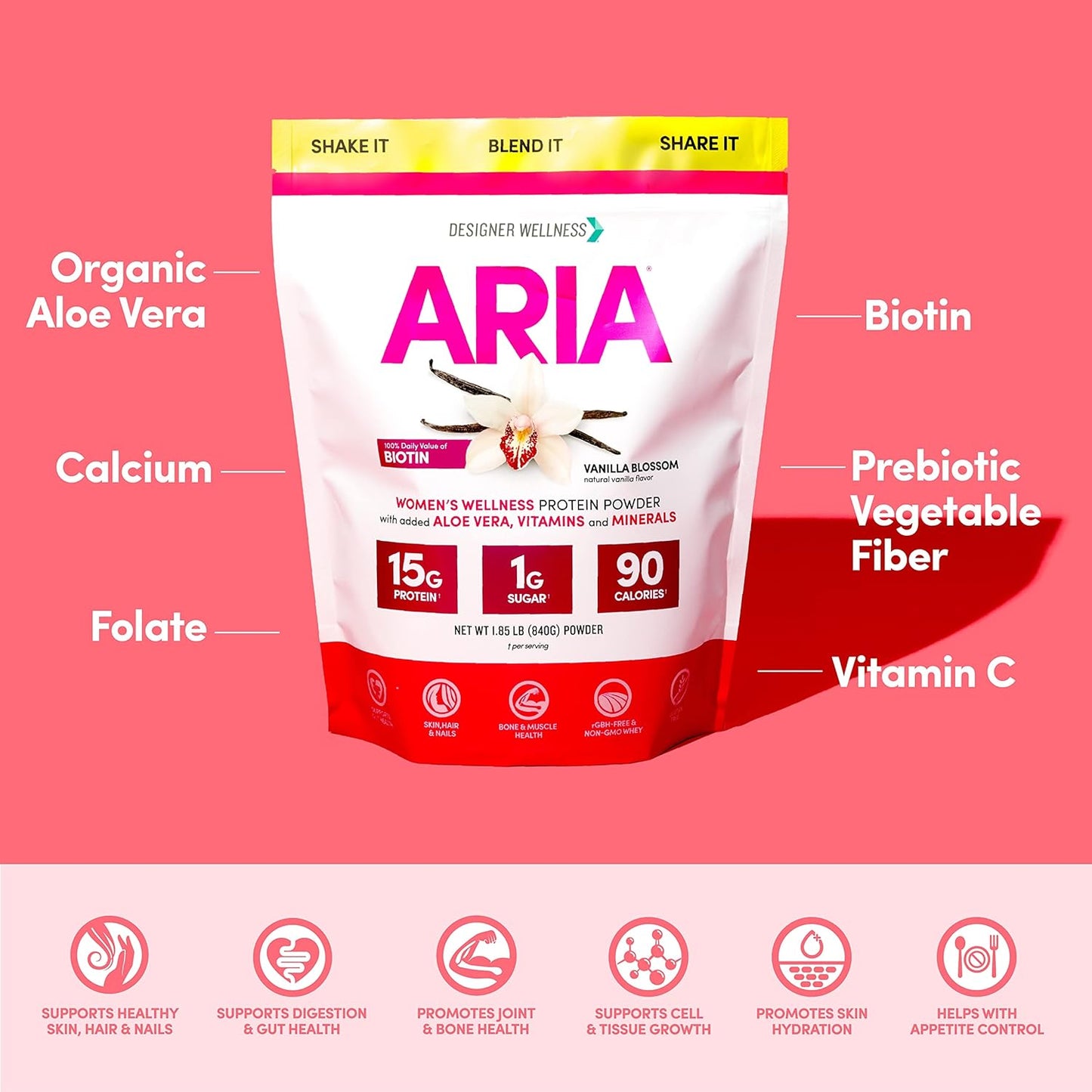 Aria Designer Wellness Women's Low Calorie Vanilla Protein Powder with Biotin & Vitamin C - 1.85 lb