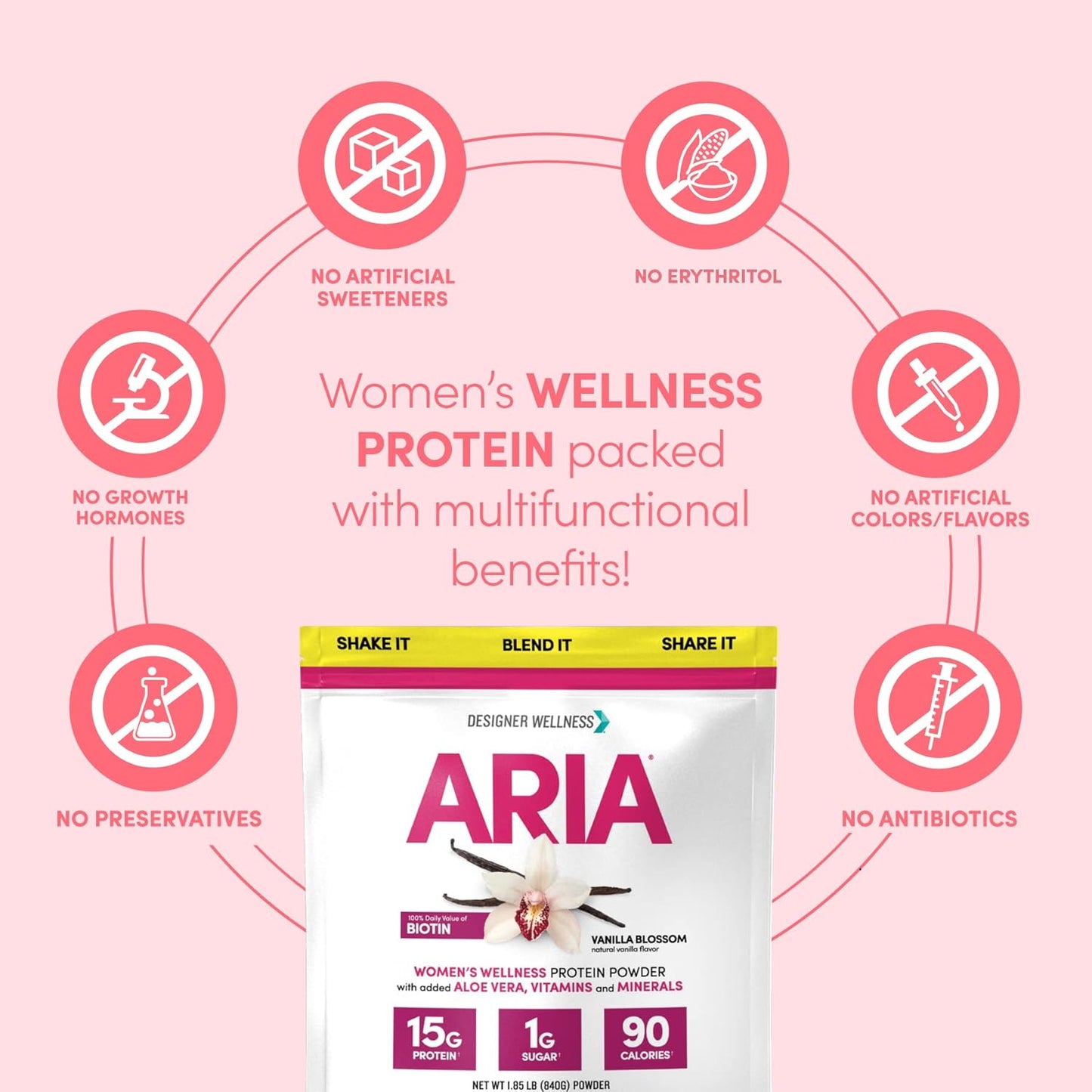 Aria Designer Wellness Women's Low Calorie Vanilla Protein Powder with Biotin & Vitamin C - 1.85 lb