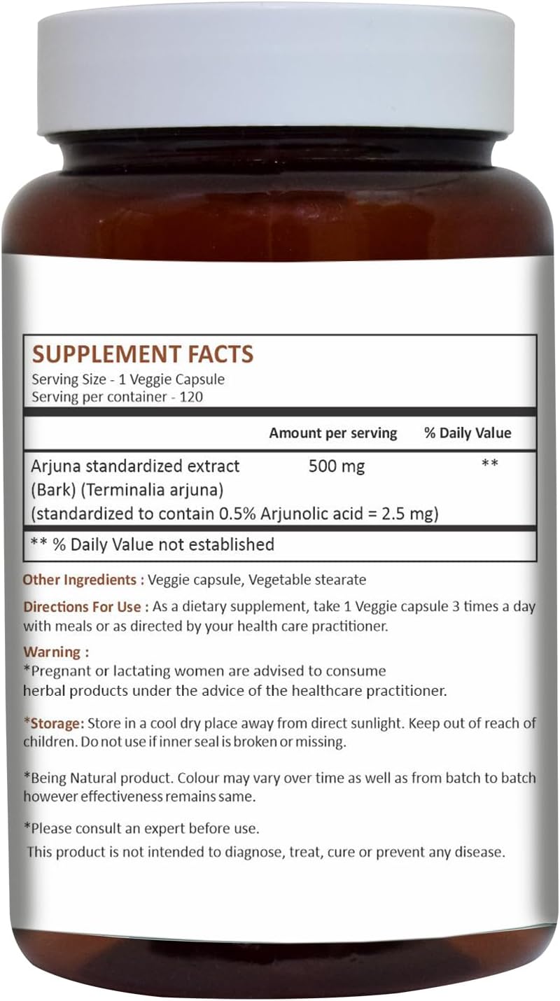 Arjuna Capsules 500mg - 120 Count | Standardized Extract Health Supplements with Arjuna Bark Extract by HERBAL HILLS