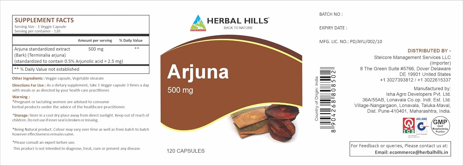 Arjuna Capsules 500mg - 120 Count | Standardized Extract Health Supplements with Arjuna Bark Extract by HERBAL HILLS