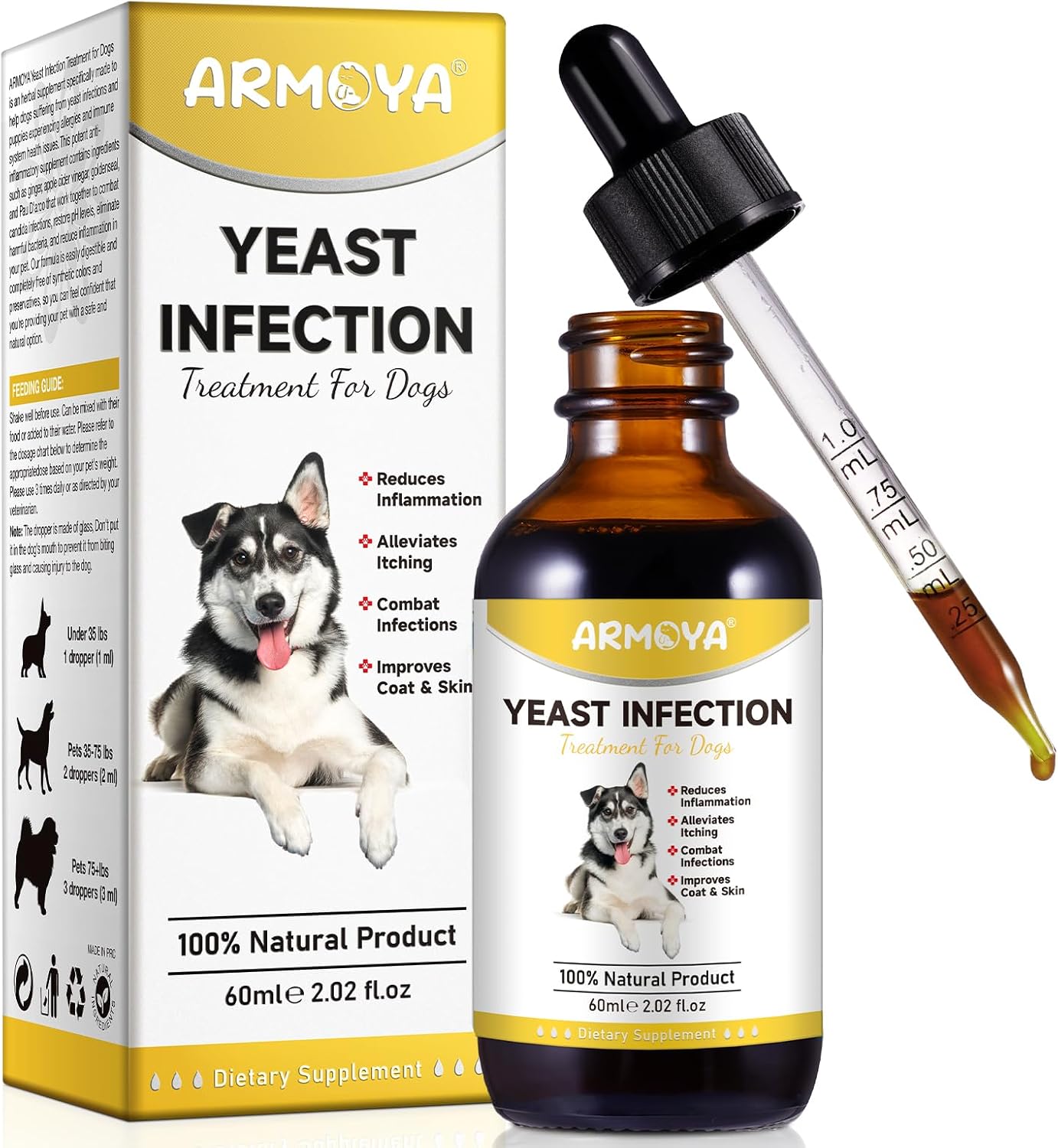 ARMOYA Natural Dog Yeast Infection & Ear Inflammation Relief Treatment - Itch & Allergy Support - 2 Oz