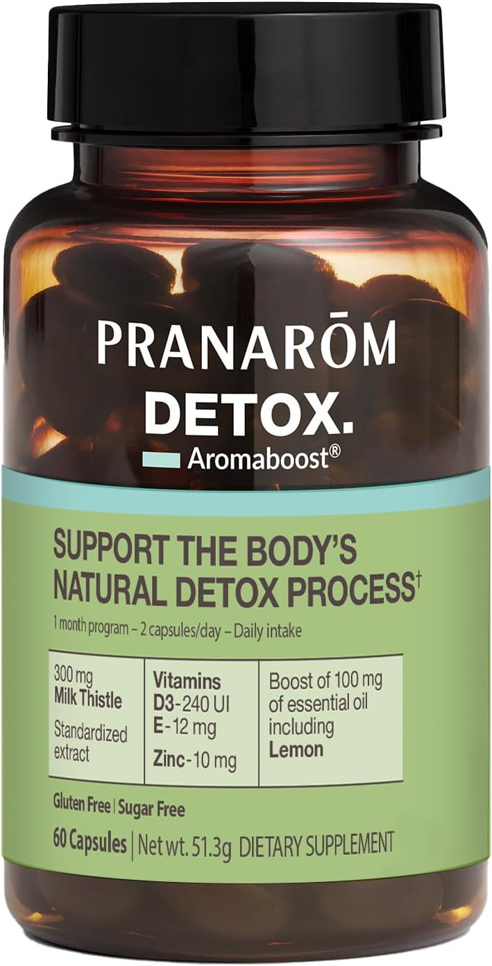 Aromaboost Detox Herbal Supplement with Milk Thistle, Zinc, Vitamins D3 & E, Lemon Essential Oil - 60 Count