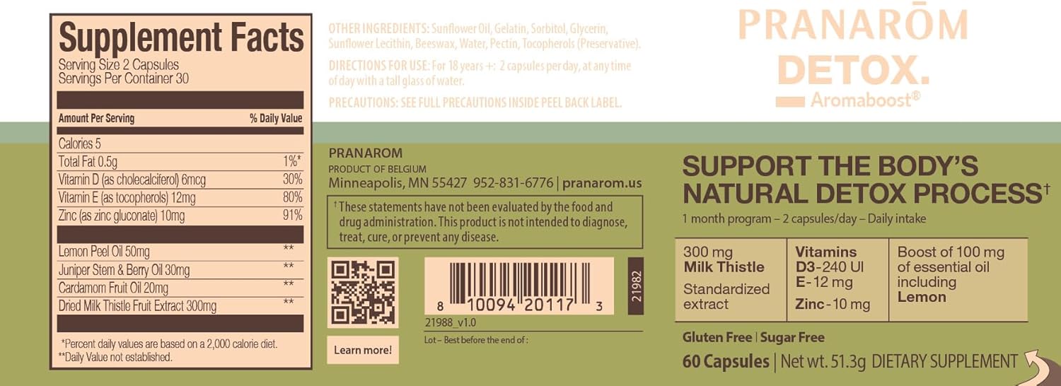 Aromaboost Detox Herbal Supplement with Milk Thistle, Zinc, Vitamins D3 & E, Lemon Essential Oil - 60 Count
