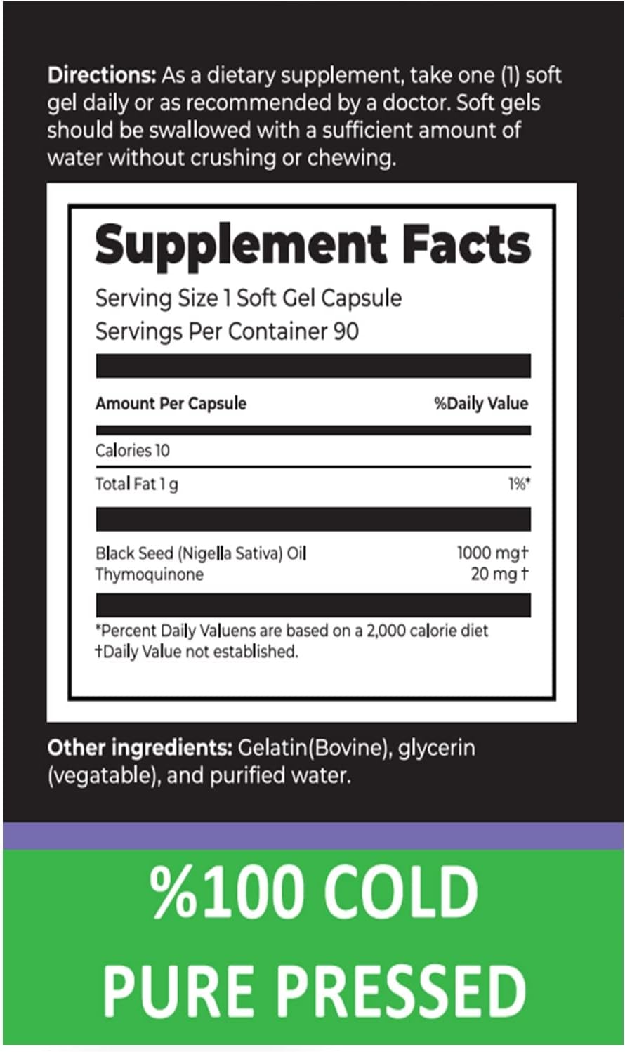 Aromel Black Seed Oil Capsules - 90 Day Supply with 2% Thymoquinone for Immune Support, Joints, Hair, and Skin - Cold Pressed Nigella Sativa Pills, Non-GMO and Gluten Free