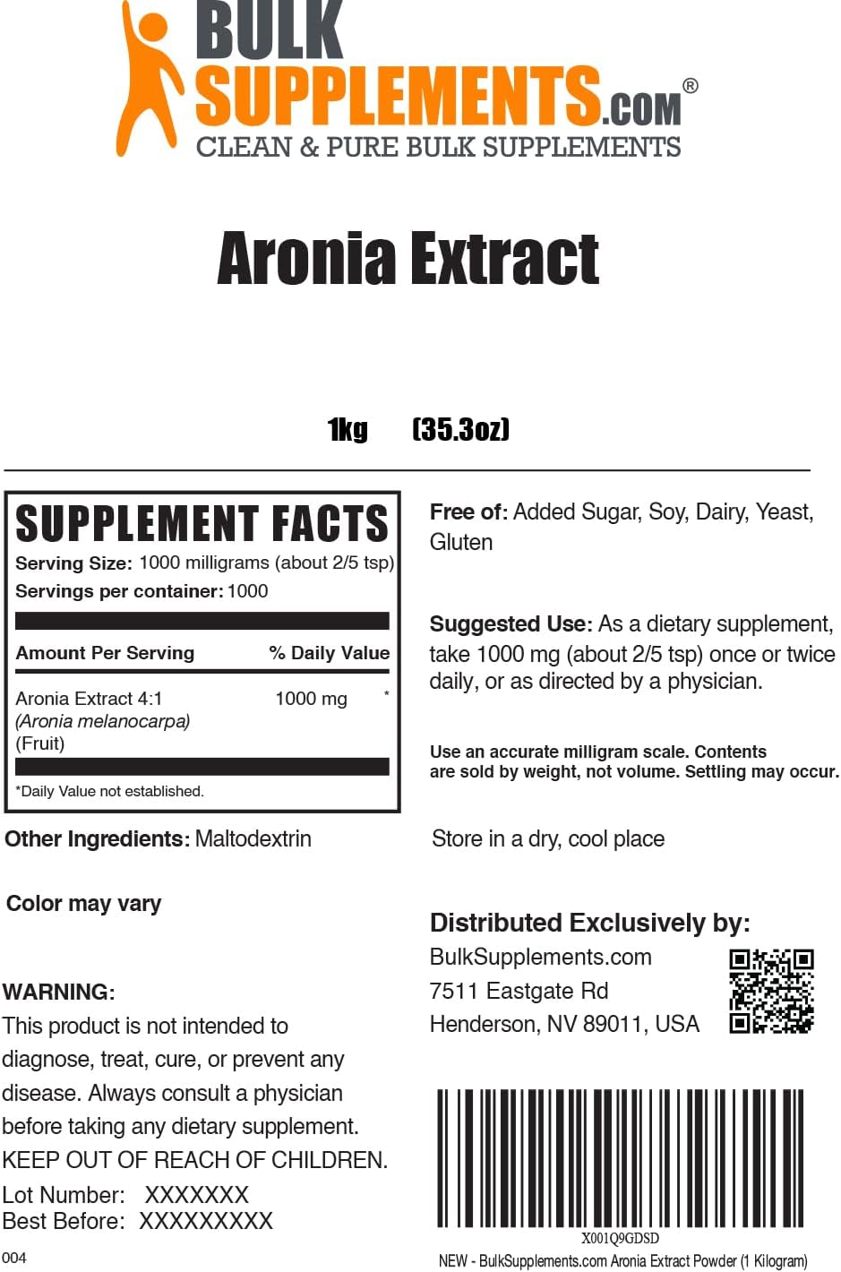 Aronia Berry Extract Powder - Chokeberry Supplement, Gluten Free, 1000mg per Serving, 1kg (2.2 lbs)
