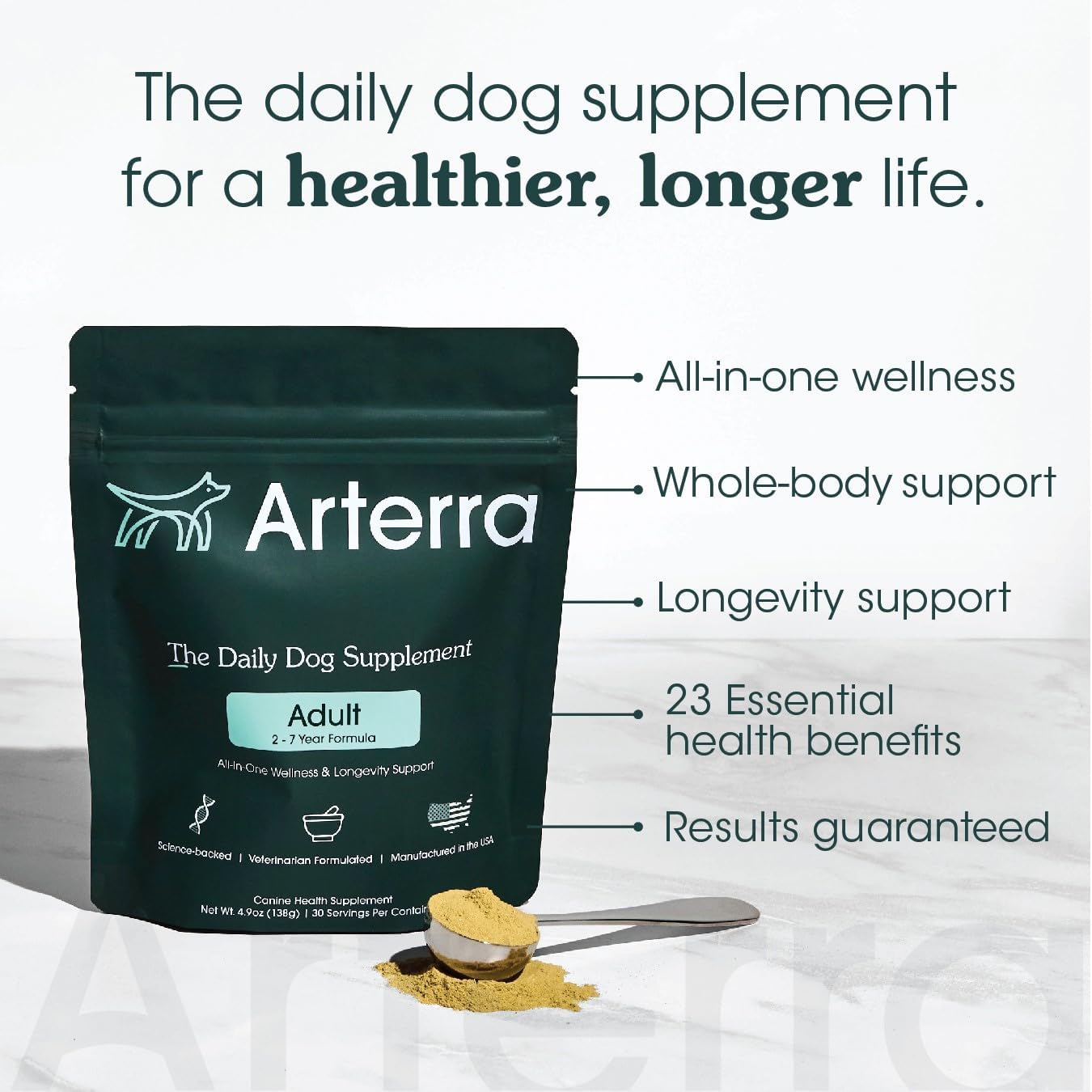 Arterra Pet Science Advanced Wellness Dog Supplement with 46 Premium Ingredients for Aging Health, Joints, Cognition, Skin, Gut & Organs - Vet-Formulated for Adult Dogs 1-7 Yrs, 19.6 oz