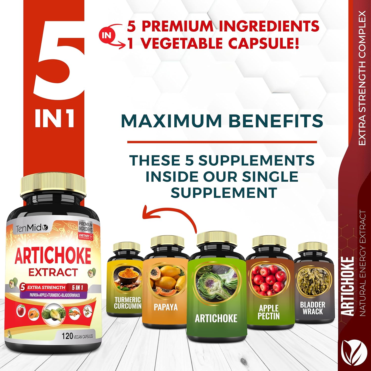 Artichoke Supplement Extract Capsules with Papaya, Apple Pectin, Turmeric, Bladderwrack - 4 Month Supply - Supports Digestive Function - 120 Vegan Capsules