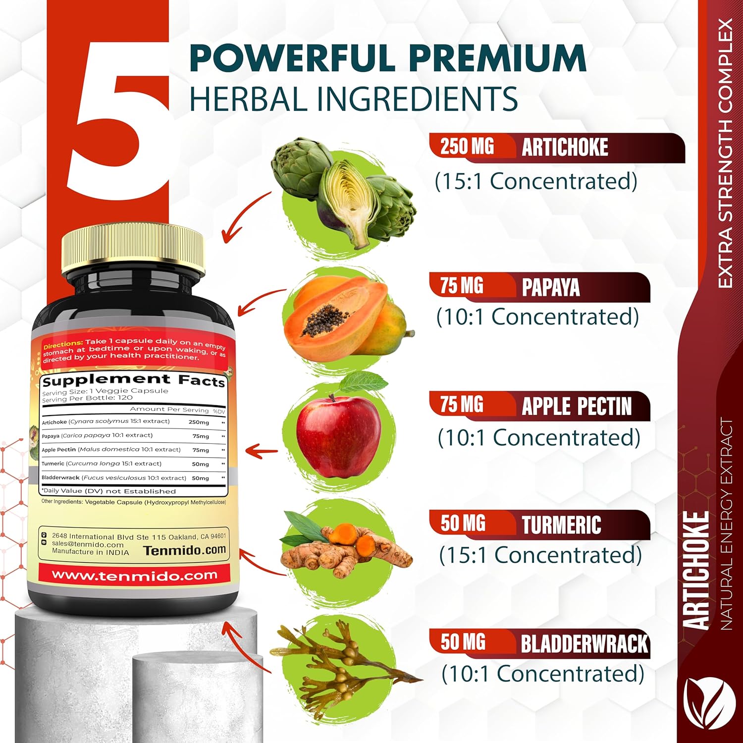 Artichoke Supplement Extract Capsules with Papaya, Apple Pectin, Turmeric, Bladderwrack - 4 Month Supply - Supports Digestive Function - 120 Vegan Capsules