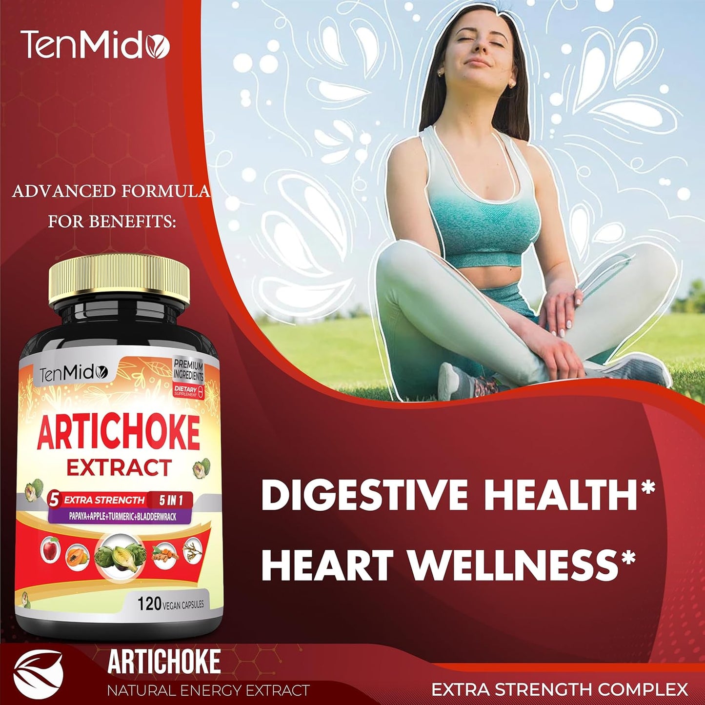 Artichoke Supplement Extract Capsules with Papaya, Apple Pectin, Turmeric, Bladderwrack - 4 Month Supply - Supports Digestive Function - 120 Vegan Capsules