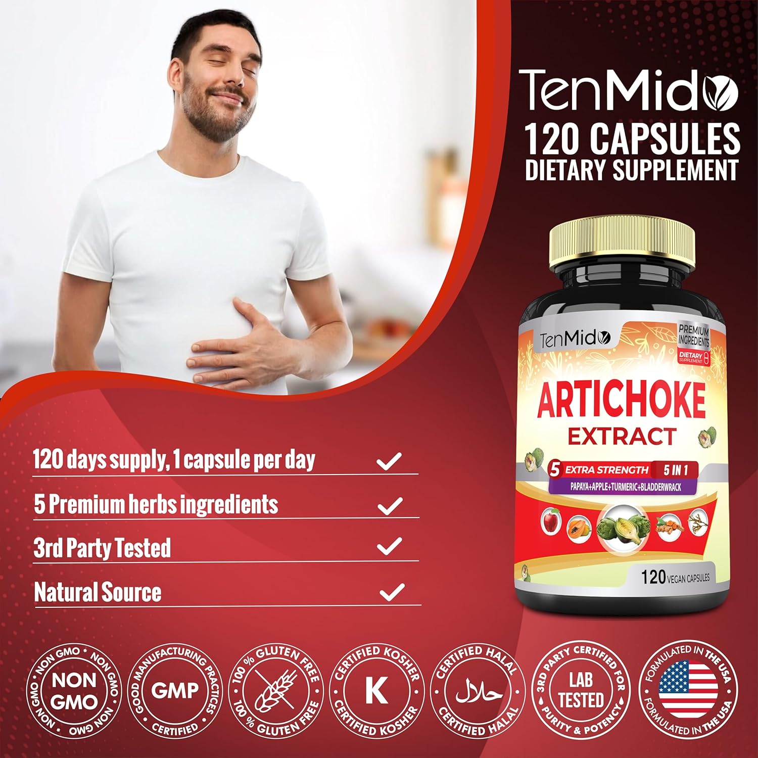 Artichoke Supplement Extract Capsules with Papaya, Apple Pectin, Turmeric, Bladderwrack - 4 Month Supply - Supports Digestive Function - 120 Vegan Capsules