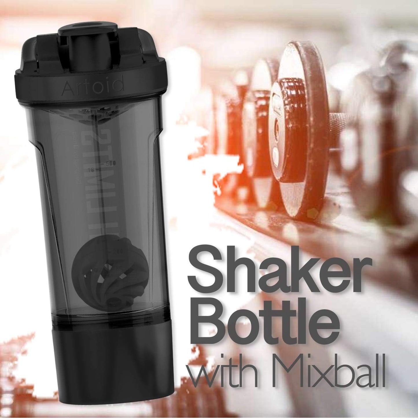 Artoid Mode 24oz Fitness Shaker Bottle with Dual Mixing Technology, Shaker Balls, Mixing Grids, and Twist Lock Protein Box