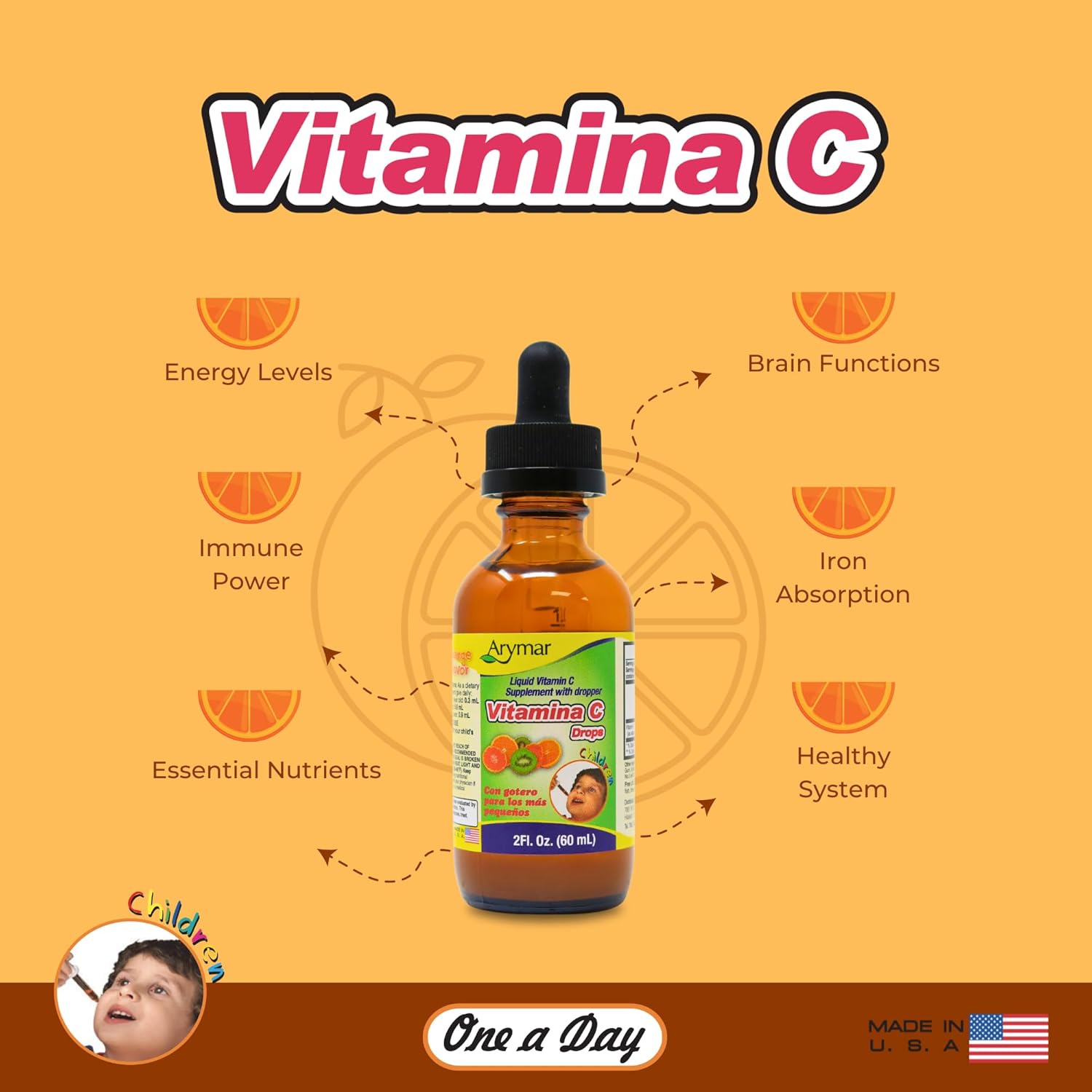 ARYMAR Children's Vitamin C Drops - Immune Support & Antioxidant - Orange Flavor - 2 Fl Oz/Pack of 1