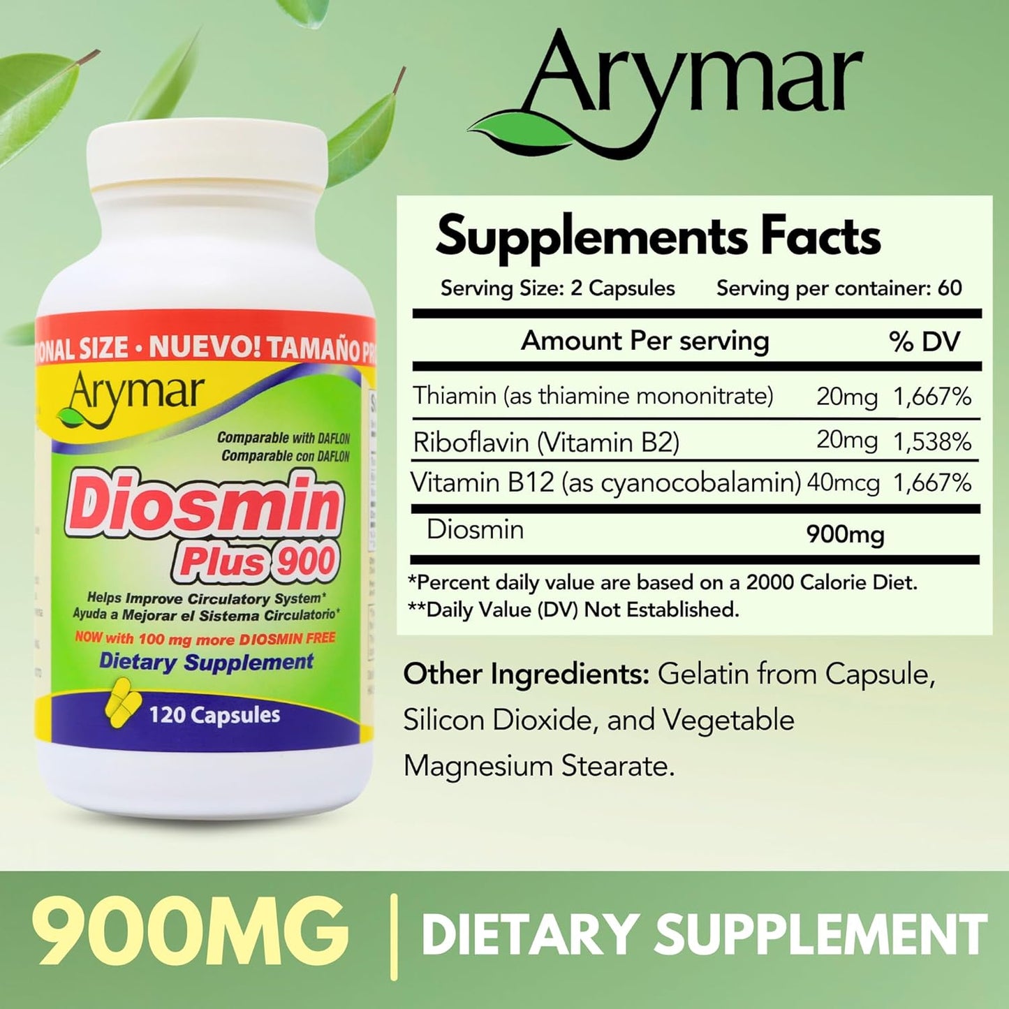 Arymar Diosmin Plus 900 - 1000mg Circulatory System Support Supplement, 120 Capsules