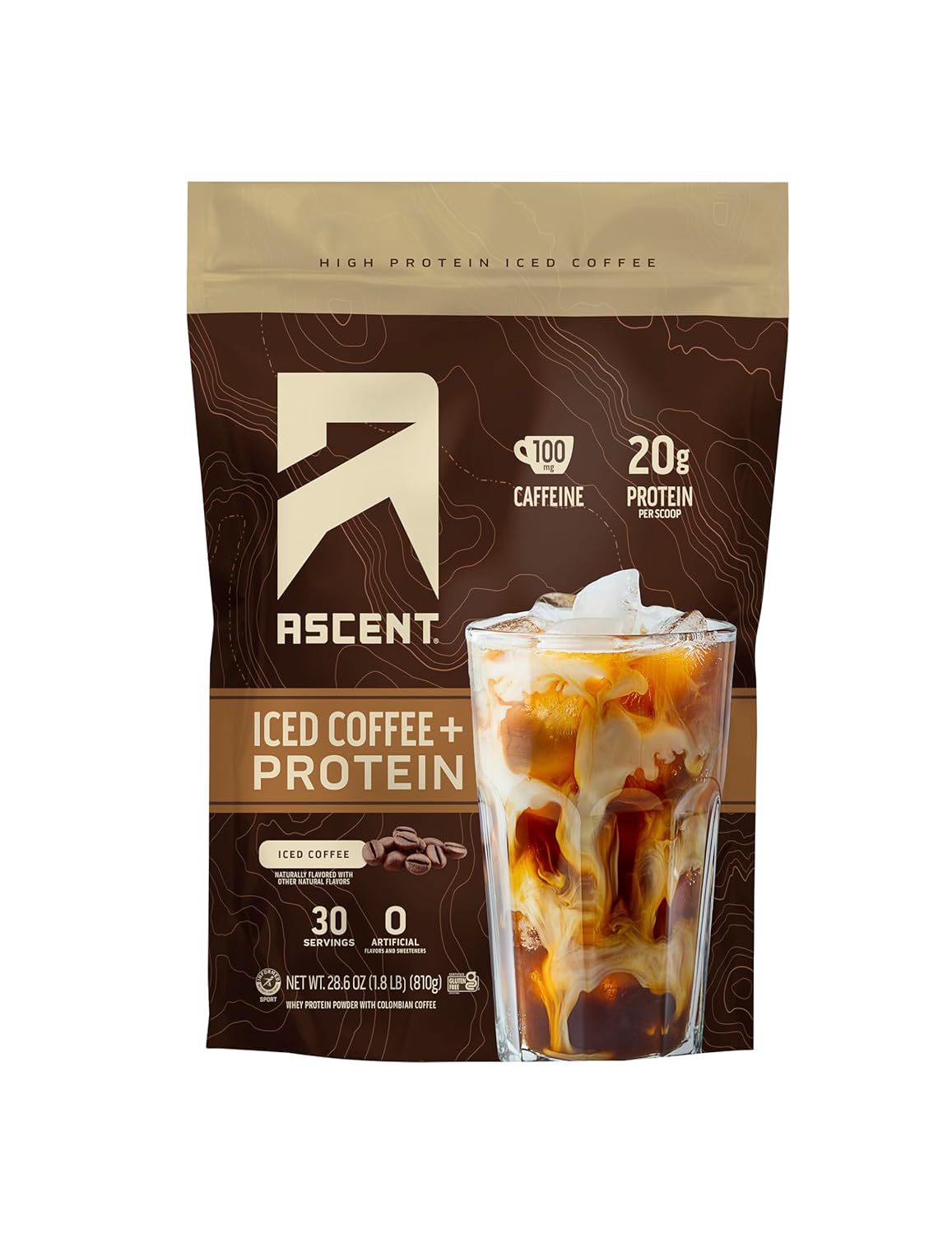 Ascent Iced Coffee Protein Powder - 20g Protein & 100mg Caffeine - 30 Servings - High Protein Coffee Powder