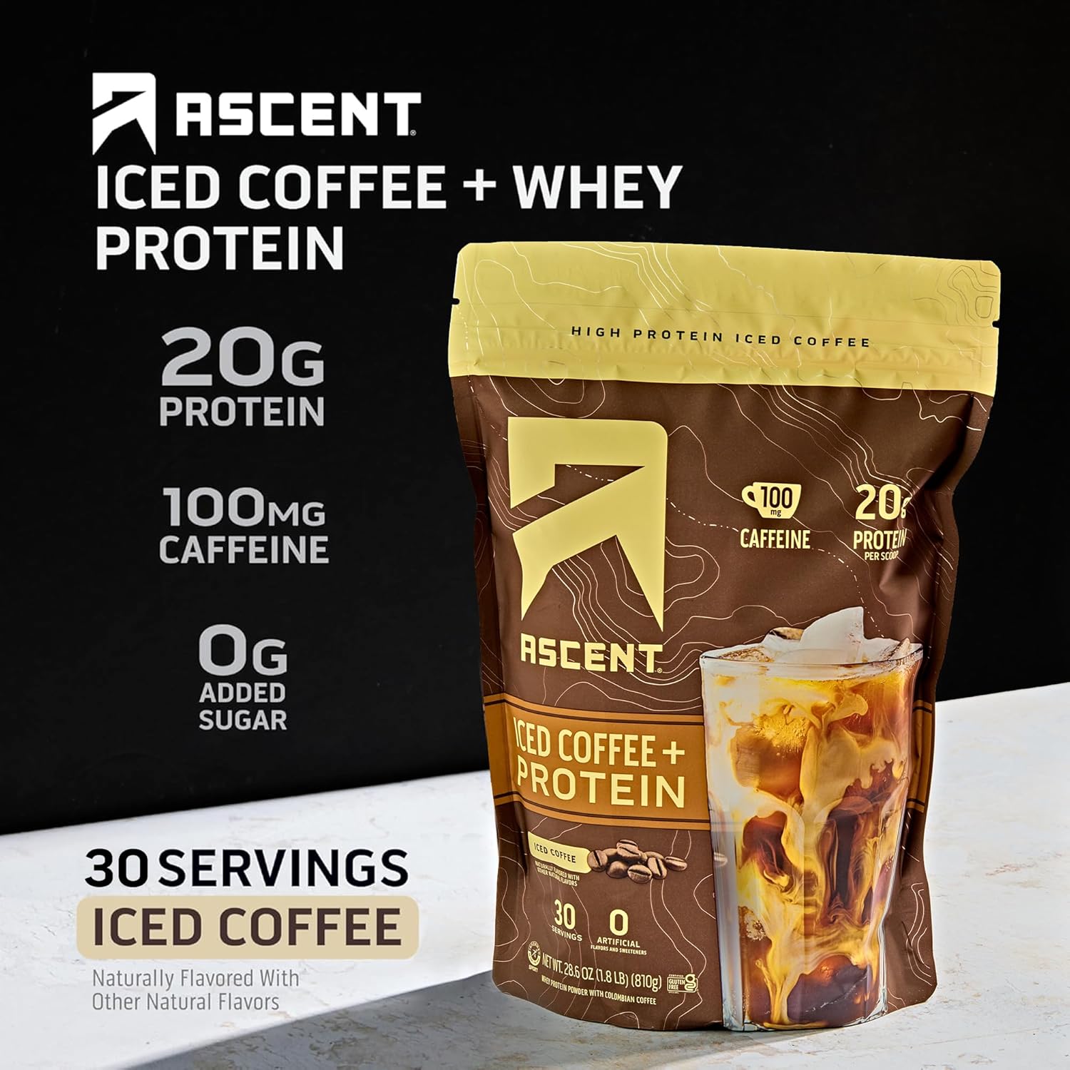 Ascent Iced Coffee Protein Powder - 20g Protein & 100mg Caffeine - 30 Servings - High Protein Coffee Powder