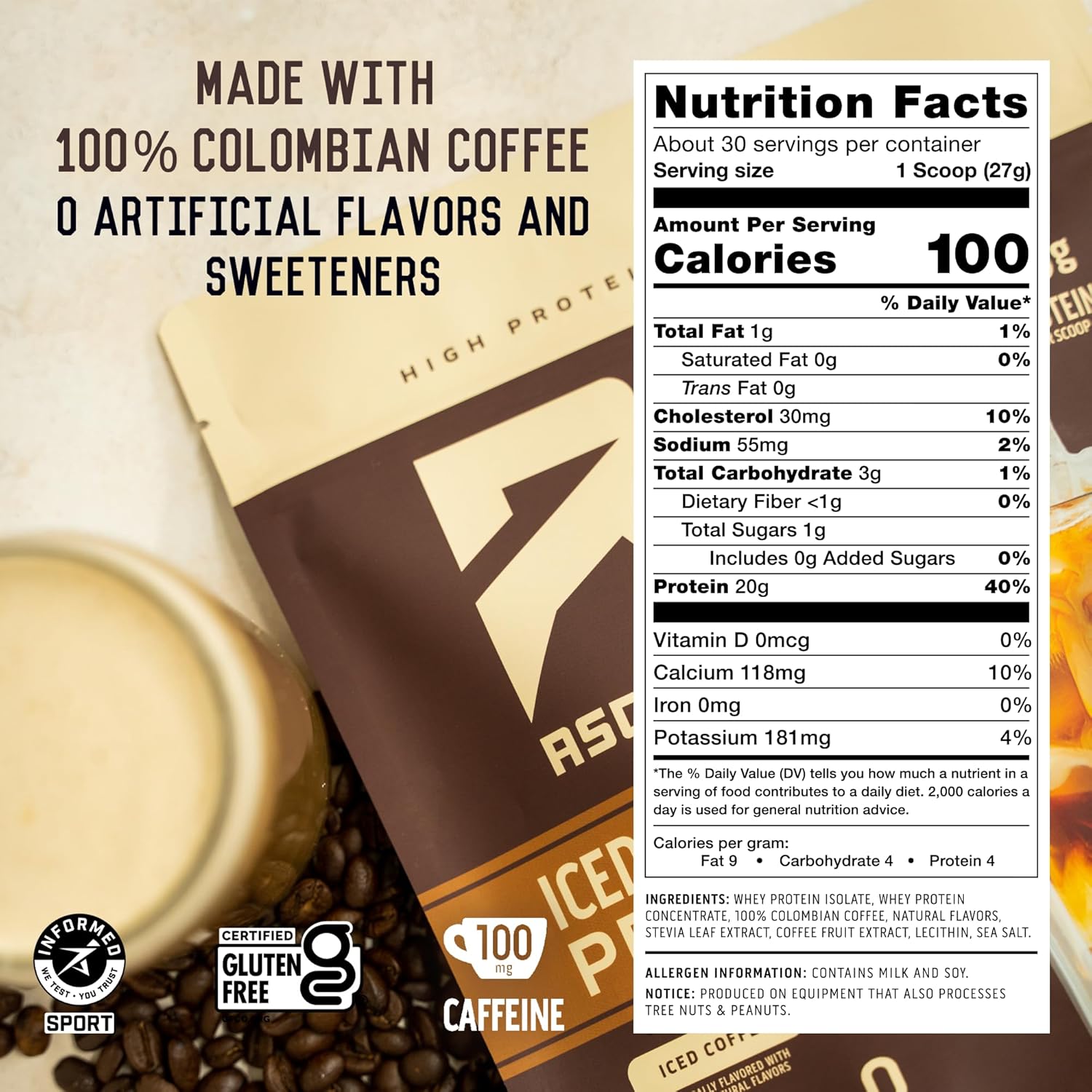 Ascent Iced Coffee Protein Powder - 20g Protein & 100mg Caffeine - 30 Servings - High Protein Coffee Powder