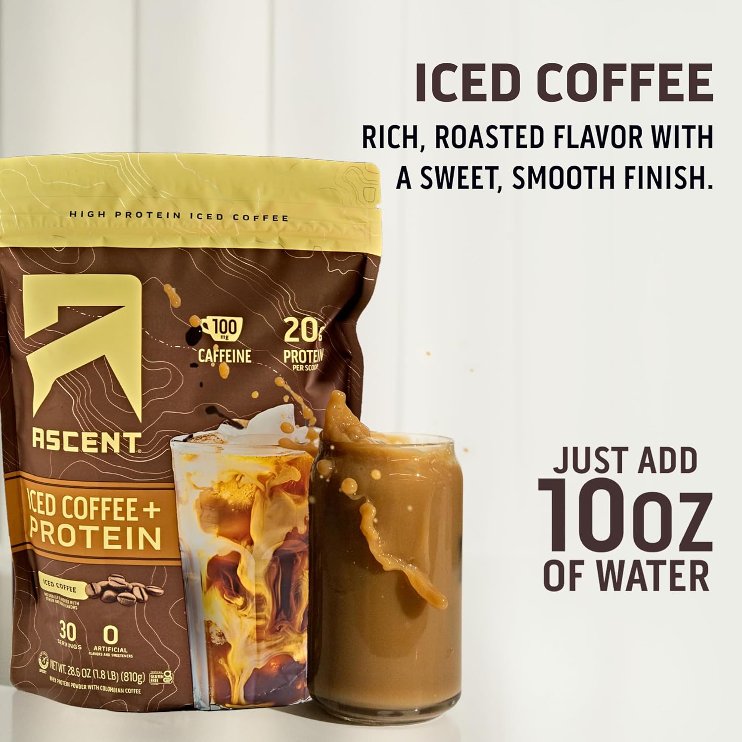 Ascent Iced Coffee Protein Powder - 20g Protein & 100mg Caffeine - 30 Servings - High Protein Coffee Powder