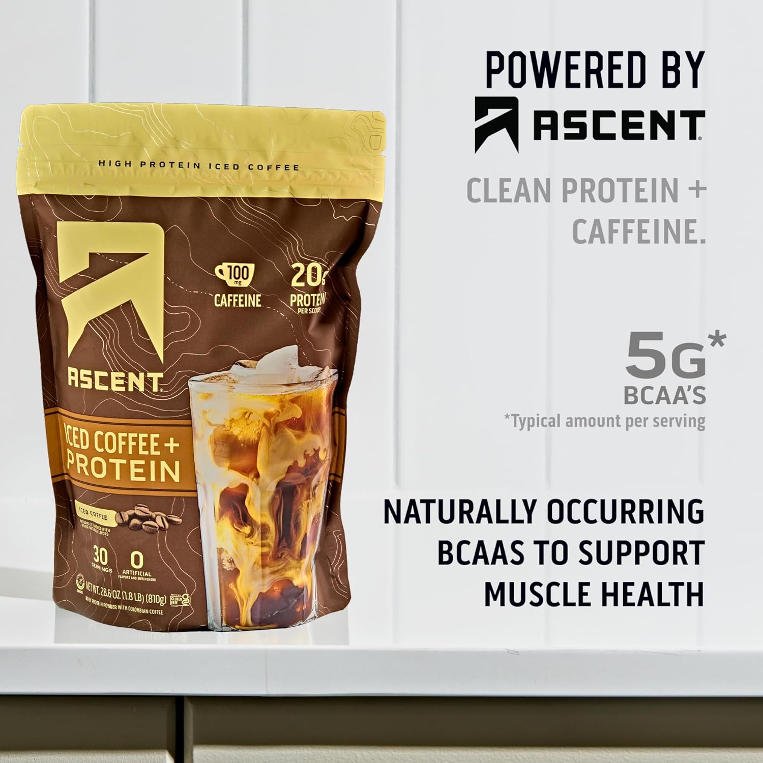 Ascent Iced Coffee Protein Powder - 20g Protein & 100mg Caffeine - 30 Servings - High Protein Coffee Powder