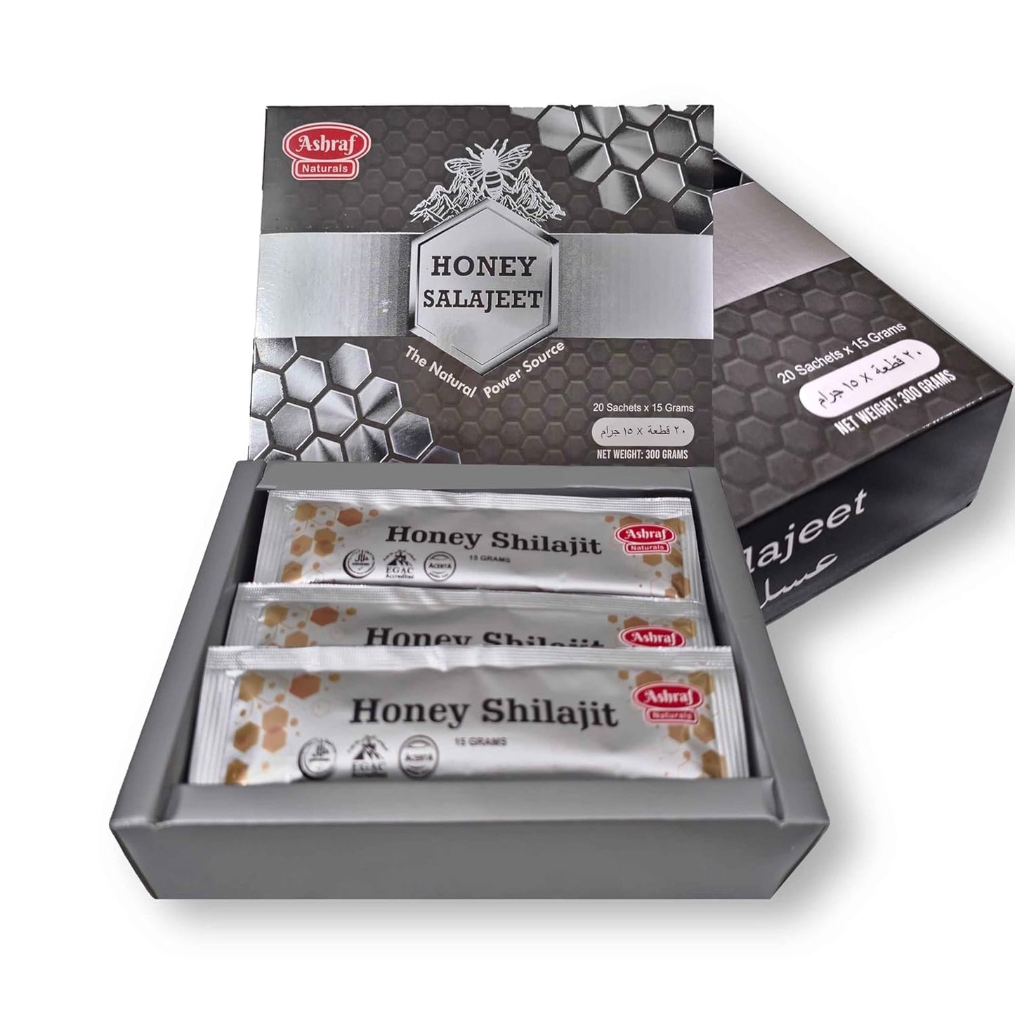 Ashraf Naturals Shilajit Honey Sticks 15g x 20 - Shilajit Resin & Raw Honey for Energy, Immune Support, Plant-Based Nutrients