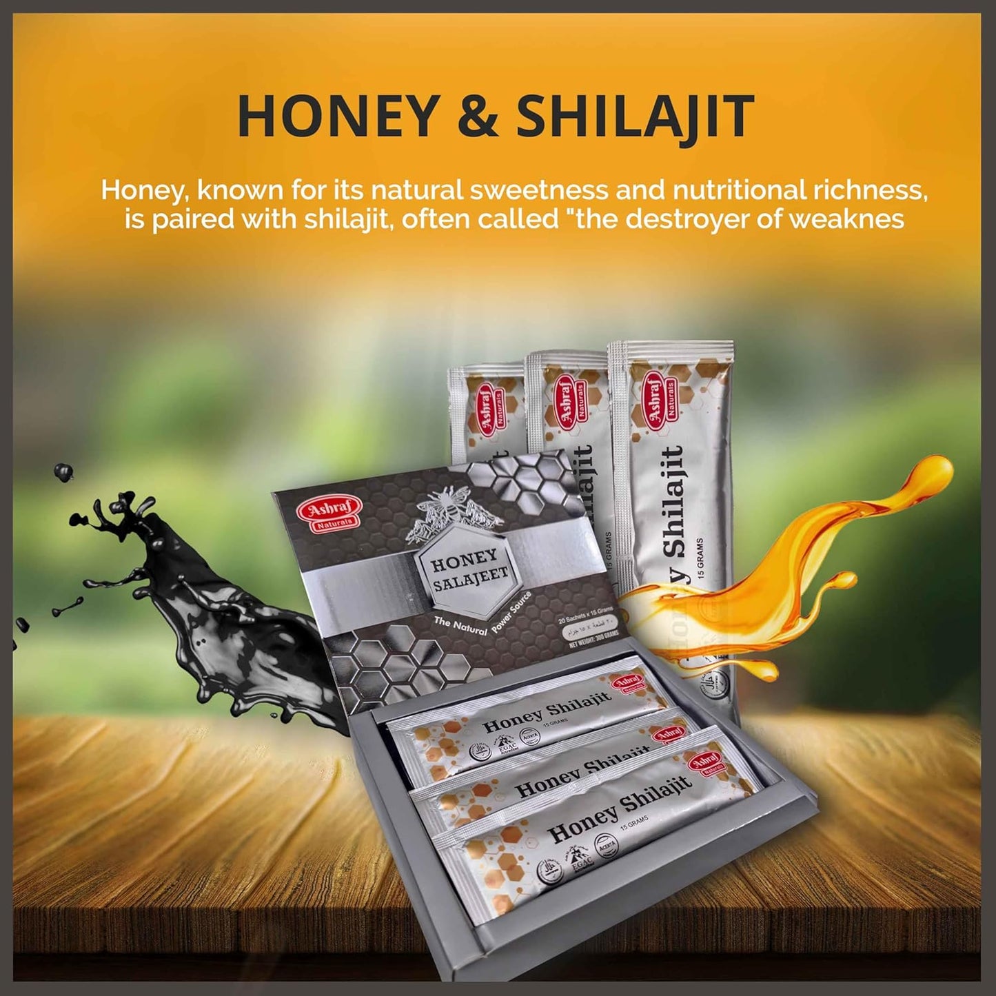 Ashraf Naturals Shilajit Honey Sticks 15g x 20 - Shilajit Resin & Raw Honey for Energy, Immune Support, Plant-Based Nutrients