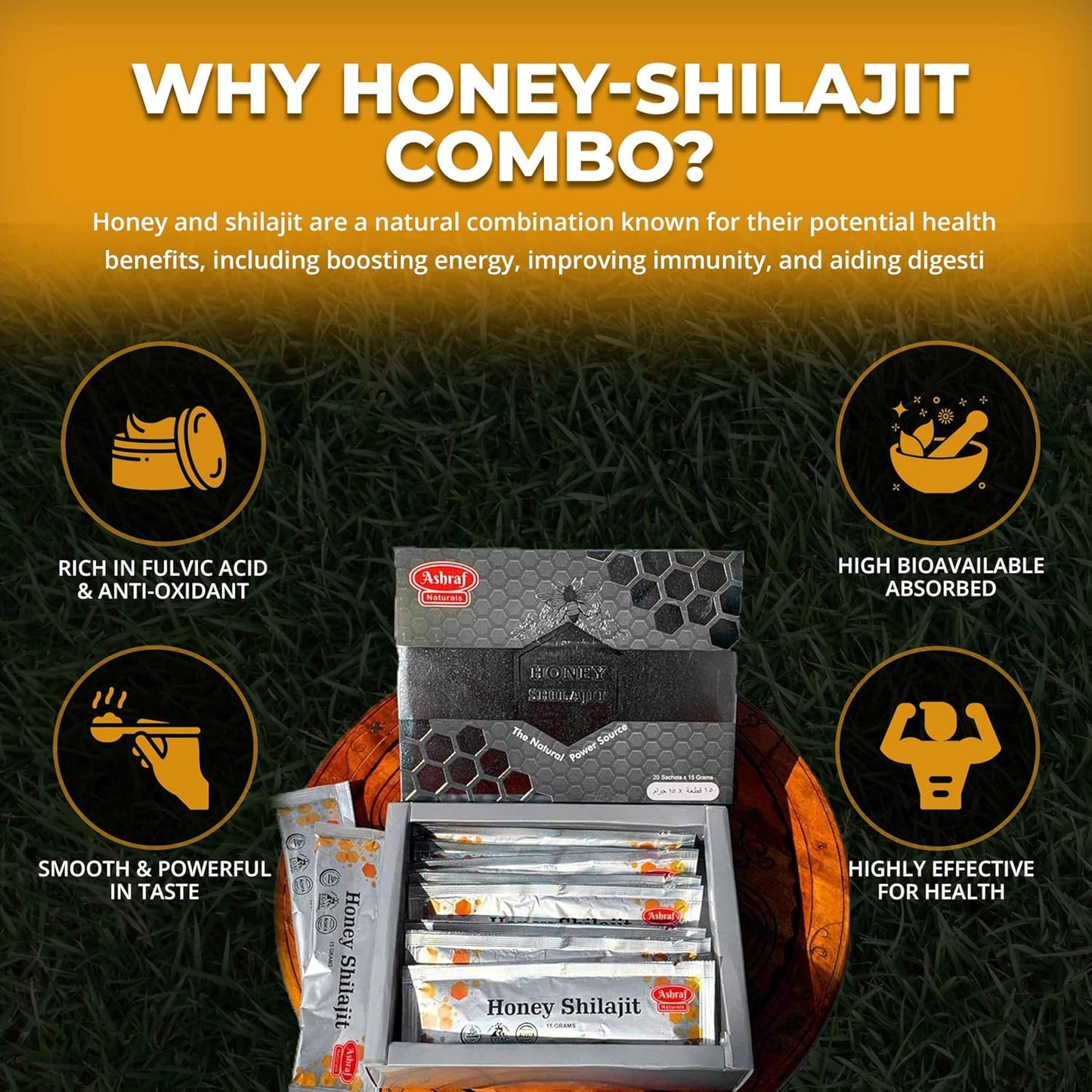 Ashraf Naturals Shilajit Honey Sticks 15g x 20 - Shilajit Resin & Raw Honey for Energy, Immune Support, Plant-Based Nutrients