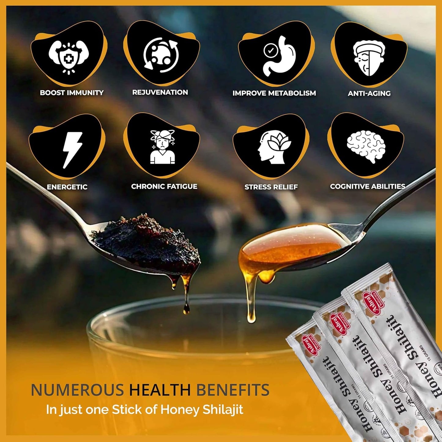 Ashraf Naturals Shilajit Honey Sticks 15g x 20 - Shilajit Resin & Raw Honey for Energy, Immune Support, Plant-Based Nutrients