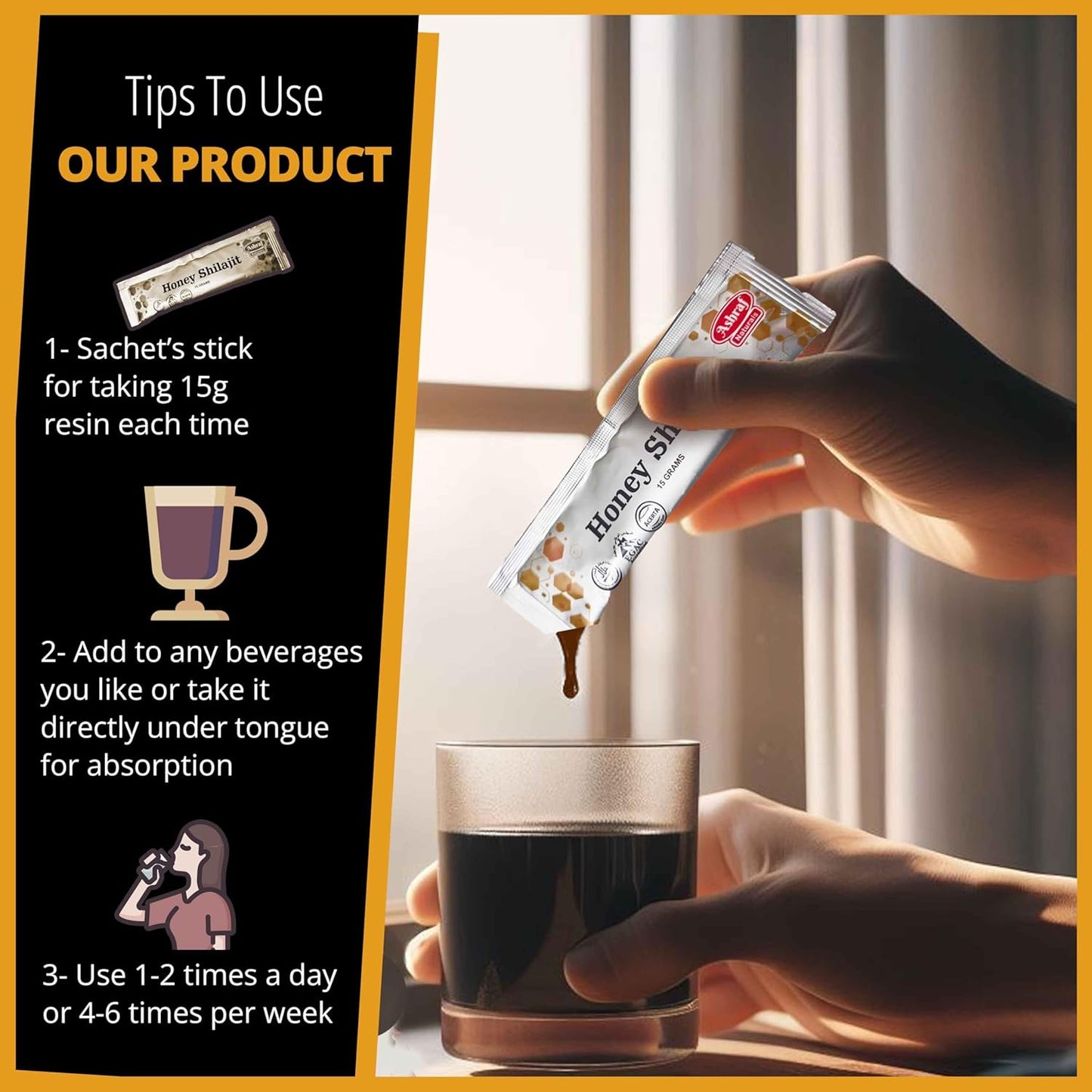 Ashraf Naturals Shilajit Honey Sticks 15g x 20 - Shilajit Resin & Raw Honey for Energy, Immune Support, Plant-Based Nutrients