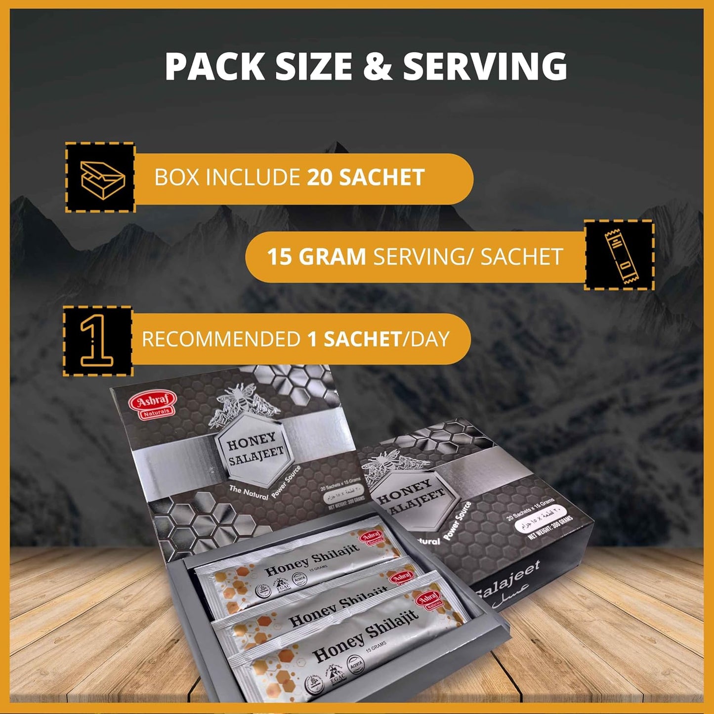 Ashraf Naturals Shilajit Honey Sticks 15g x 20 - Shilajit Resin & Raw Honey for Energy, Immune Support, Plant-Based Nutrients