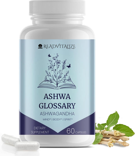 Ashwa Glossary Ashwagandha Supplements with Black Pepper - Mood & Energy Booster, Cortisol Reduction, Hormone Support, Stress & Sleep Management - Vegan & Gluten-Free Plant-Based Formula (60 Capsules)