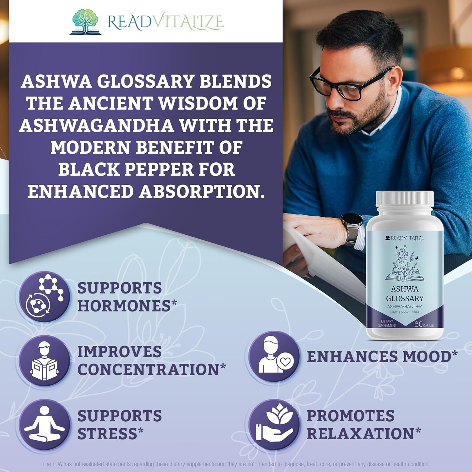 Ashwa Glossary Ashwagandha Supplements with Black Pepper - Mood & Energy Booster, Cortisol Reduction, Hormone Support, Stress & Sleep Management - Vegan & Gluten-Free Plant-Based Formula (60 Capsules)