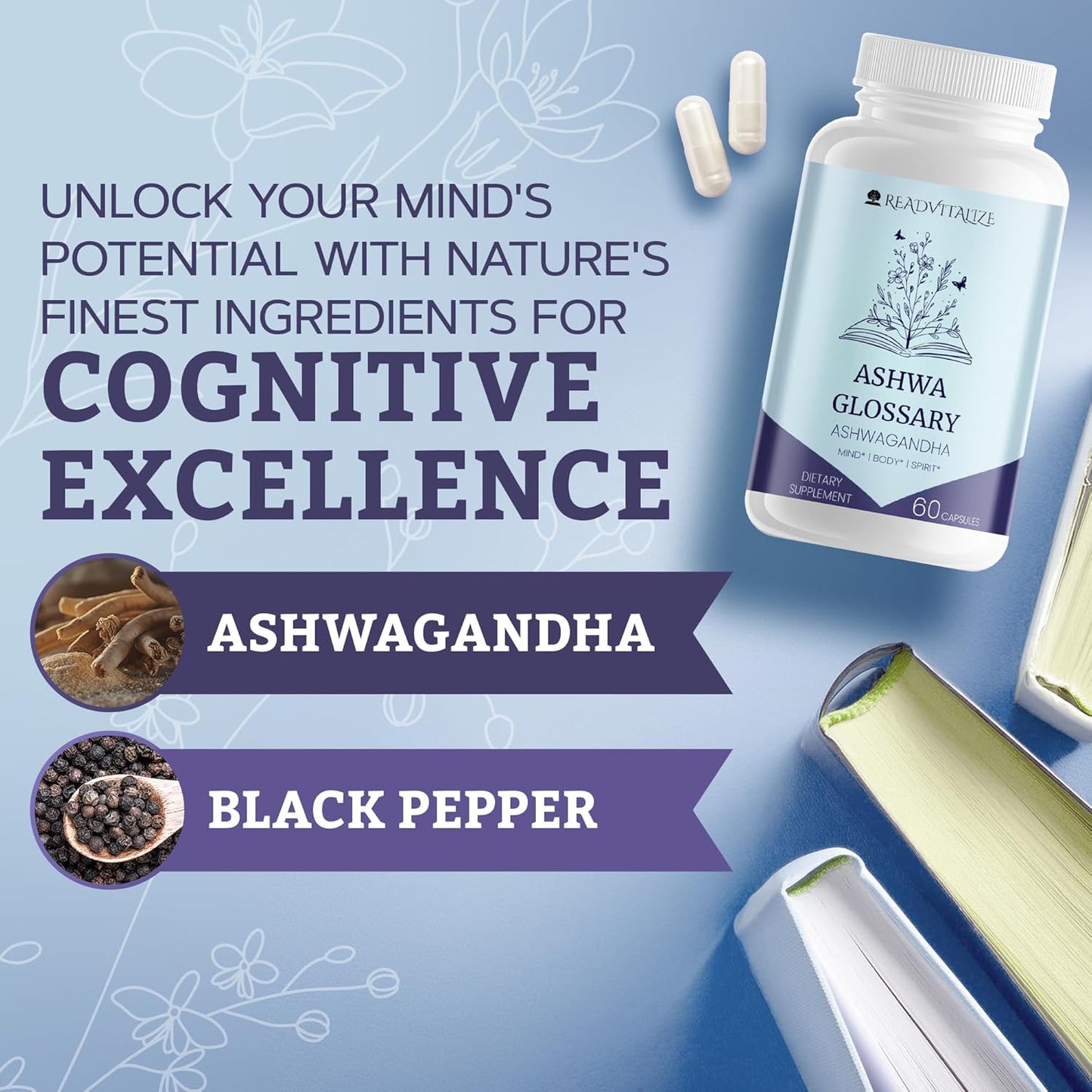 Ashwa Glossary Ashwagandha Supplements with Black Pepper - Mood & Energy Booster, Cortisol Reduction, Hormone Support, Stress & Sleep Management - Vegan & Gluten-Free Plant-Based Formula (60 Capsules)