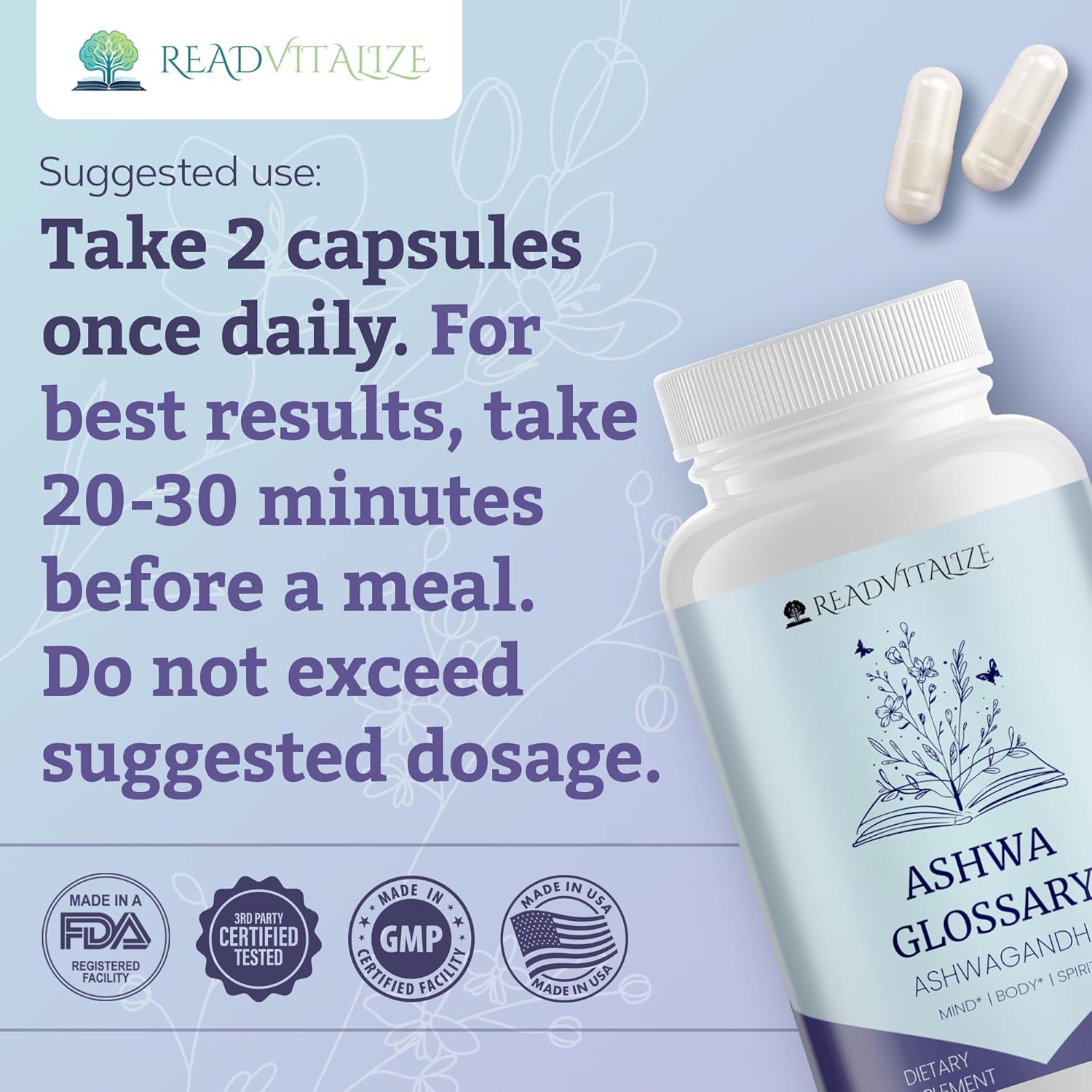 Ashwa Glossary Ashwagandha Supplements with Black Pepper - Mood & Energy Booster, Cortisol Reduction, Hormone Support, Stress & Sleep Management - Vegan & Gluten-Free Plant-Based Formula (60 Capsules)