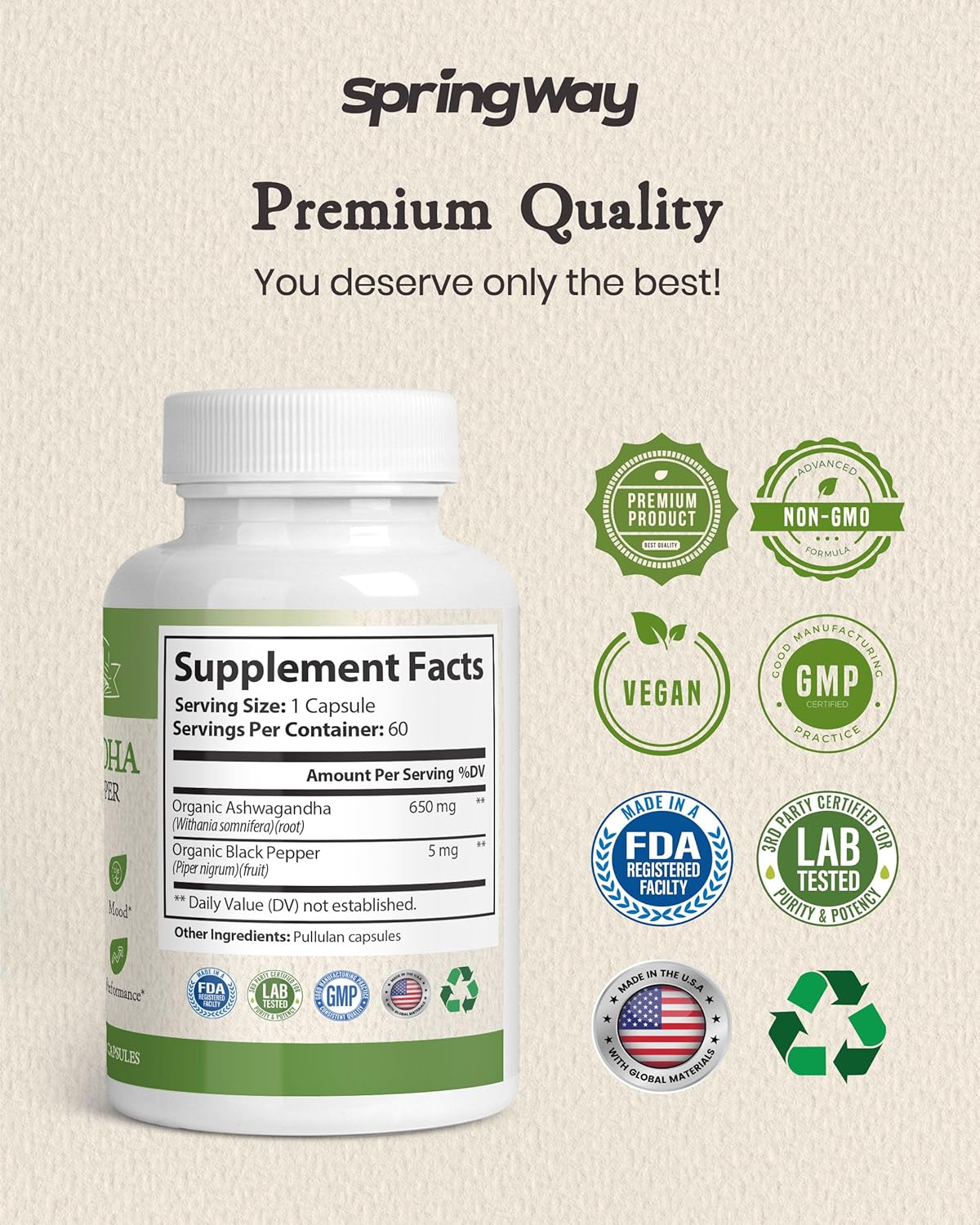 Ashwagandha 650mg Capsules with Organic Black Pepper - Promotes Relaxation, Energy, Immune Support - Vegan, Non-GMO, Gluten-Free