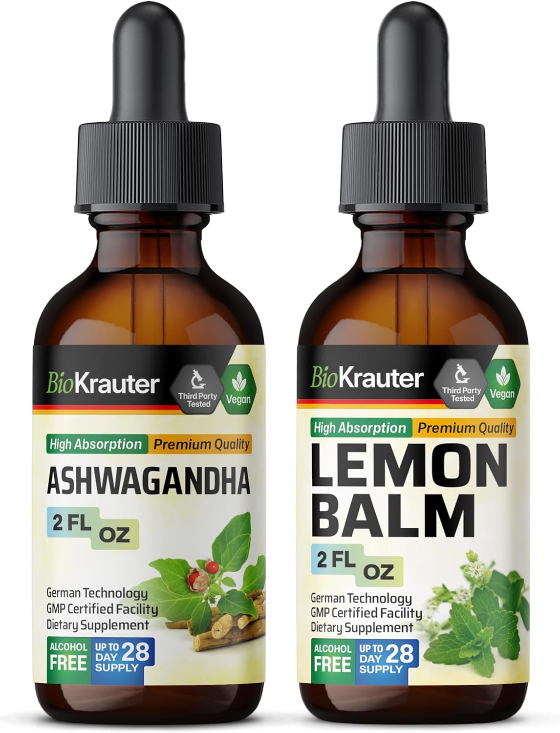 Ashwagandha and Lemon Balm Tinctures Combo Pack - 2 Fl. Oz. Each