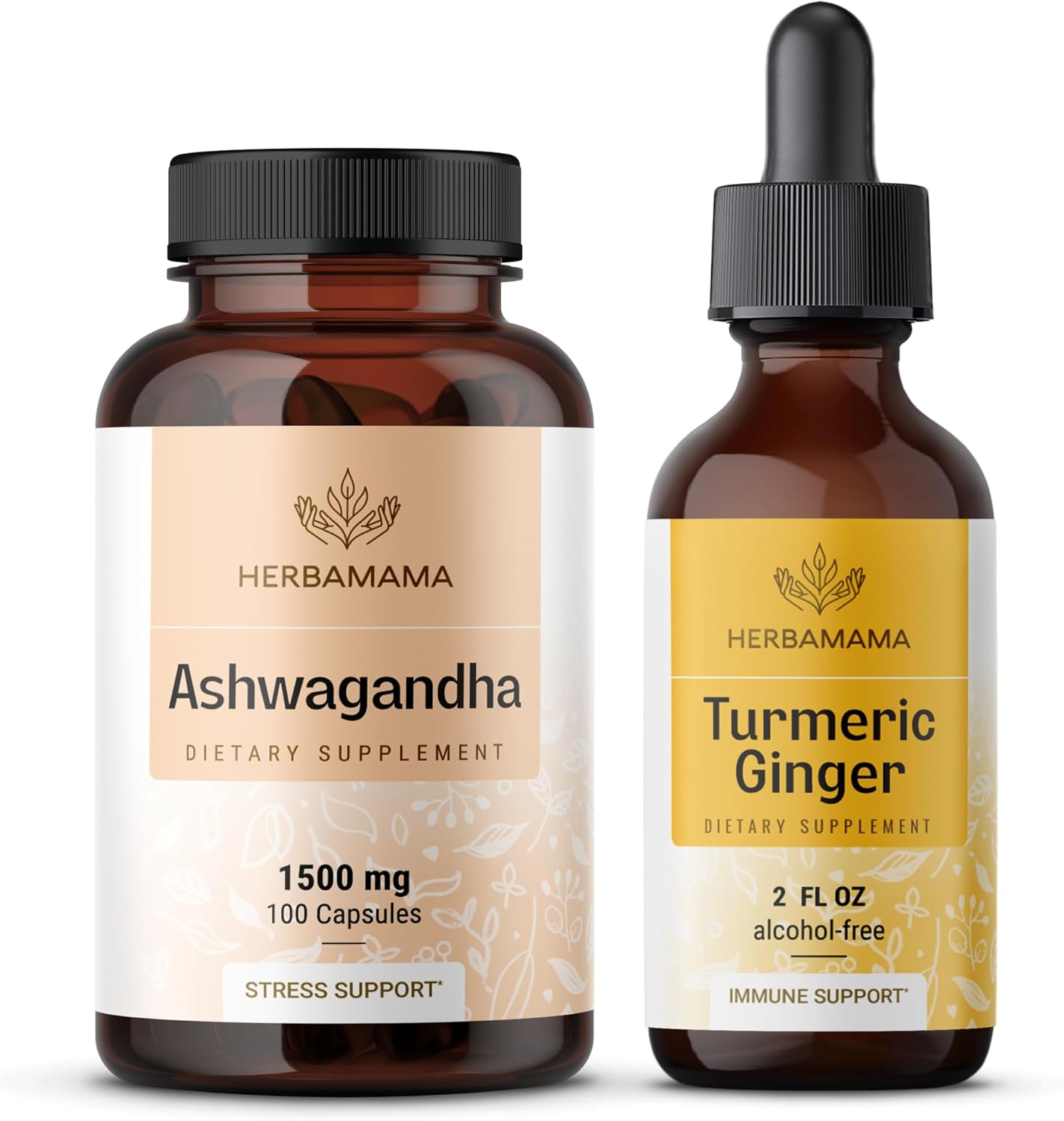 Ashwagandha and Turmeric Ginger Bundle - 1500mg Capsules & 2 fl oz Tincture - Vegan & Non-GMO - 2 Pack