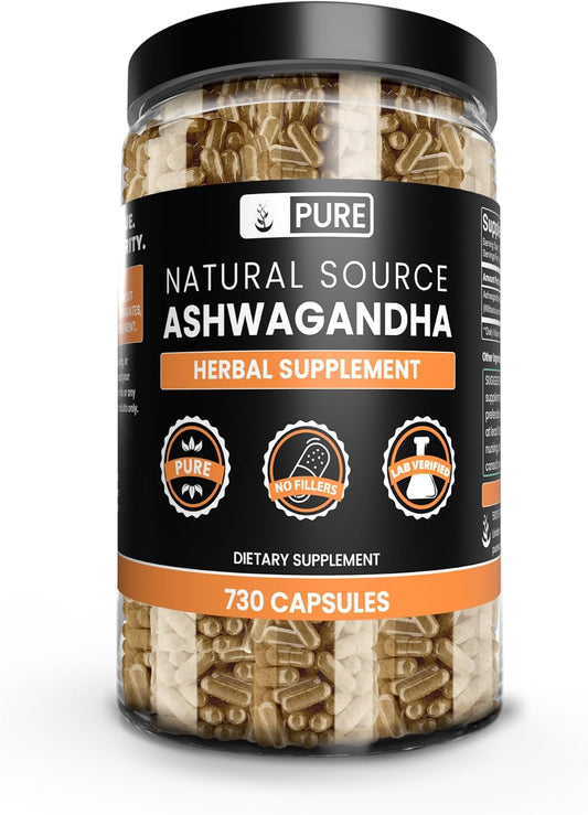 Ashwagandha Capsules - 730 Count, Pure Ingredients, No Magnesium or Rice Fillers, Lab Verified
