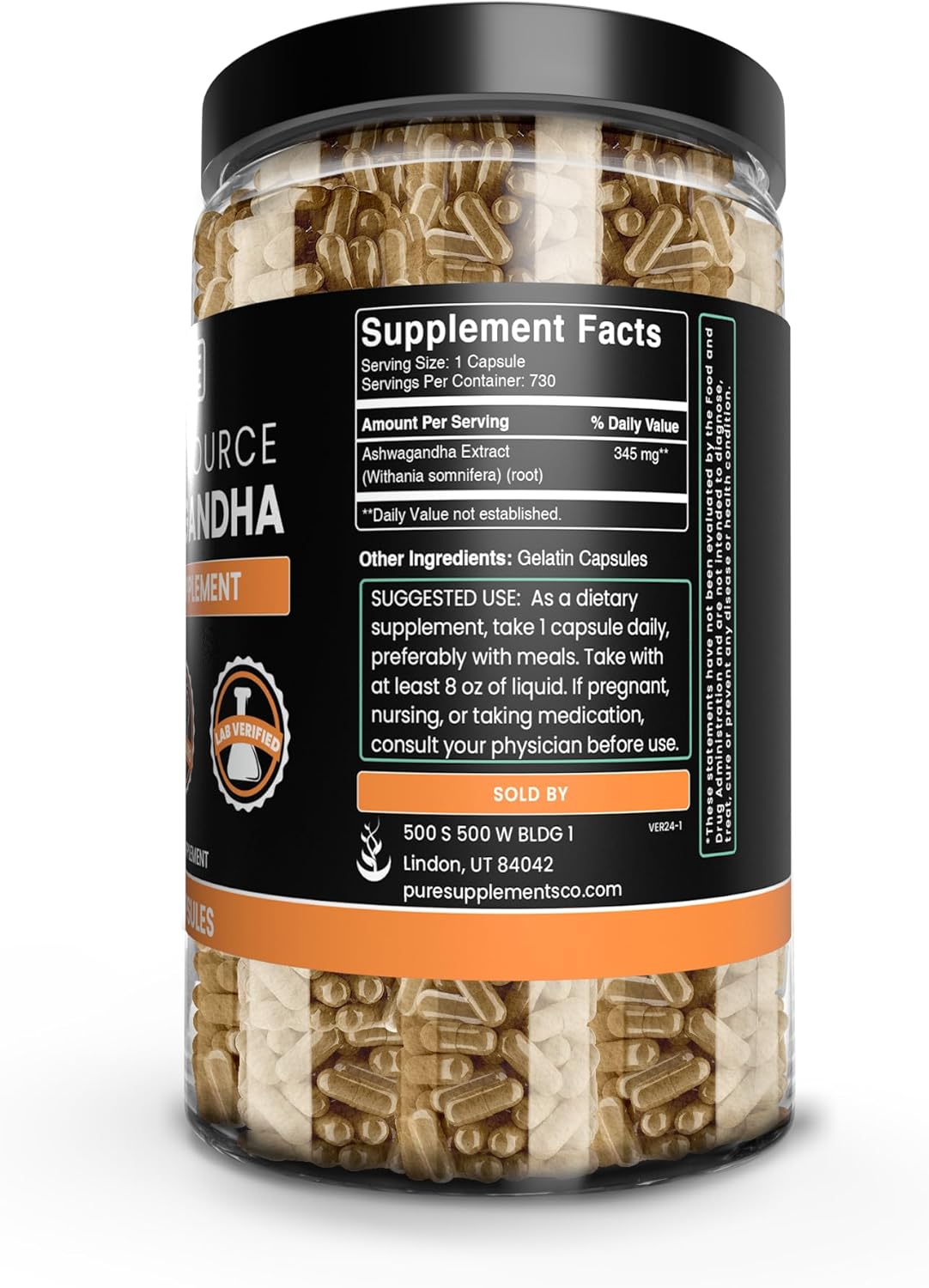 Ashwagandha Capsules - 730 Count, Pure Ingredients, No Magnesium or Rice Fillers, Lab Verified