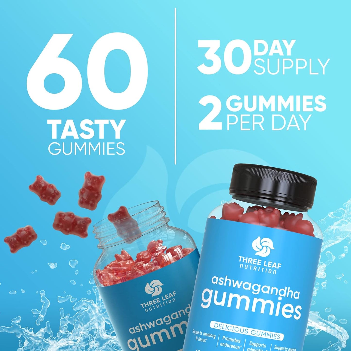 Ashwagandha Gummies for Focus, Memory, & Energy - 60 Count - Men & Women - Three Leaf Nutrition Supplement