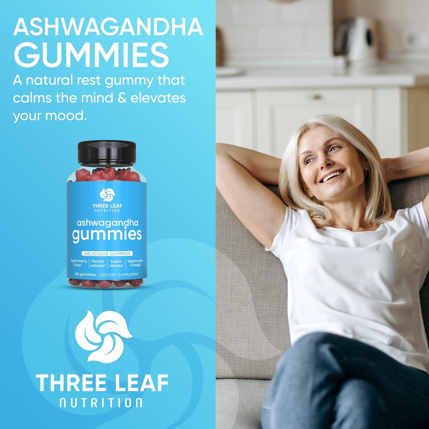 Ashwagandha Gummies for Focus, Memory, & Energy - 60 Count - Men & Women - Three Leaf Nutrition Supplement