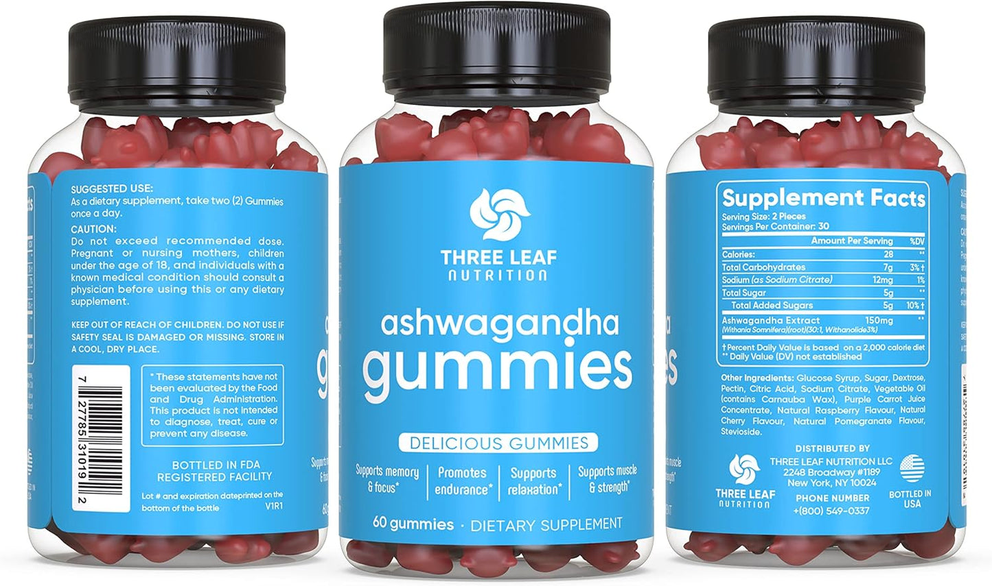 Ashwagandha Gummies for Focus, Memory, & Energy - 60 Count - Men & Women - Three Leaf Nutrition Supplement