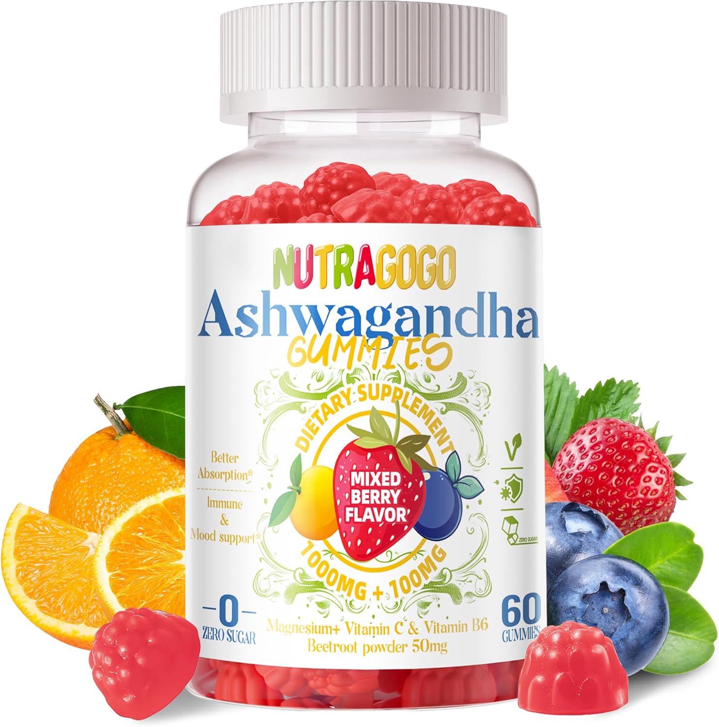 Ashwagandha Gummies for Stress Relief, Calm Mood & Cognitive Support - 60 Gummies for Men and Women