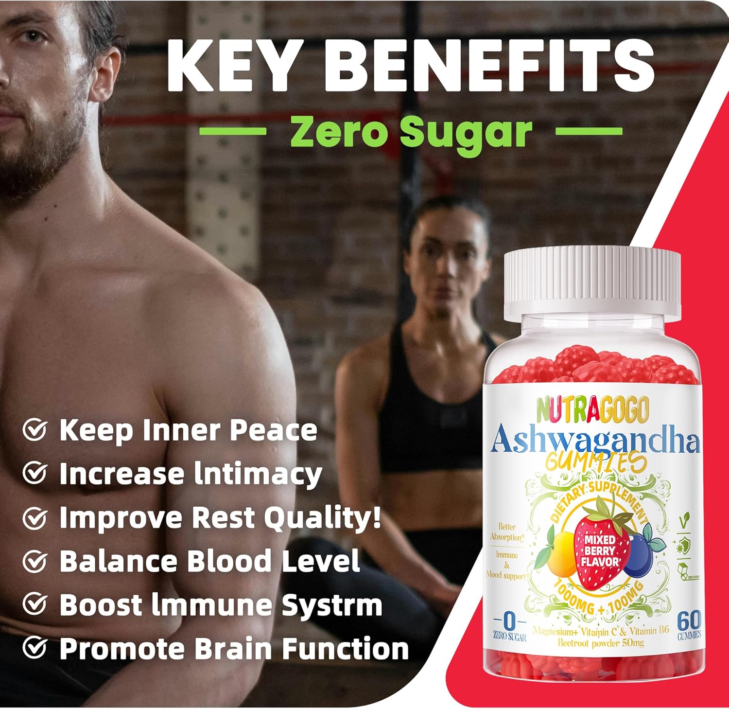 Ashwagandha Gummies for Stress Relief, Calm Mood & Cognitive Support - 60 Gummies for Men and Women
