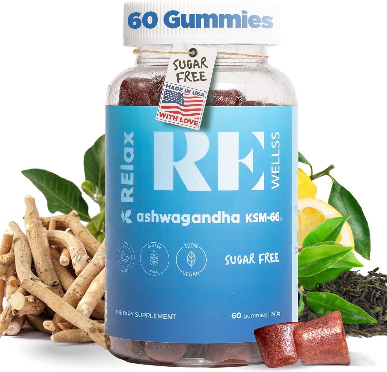 Ashwagandha Gummies with KSM-66 Root, L-Theanine, Vitamin D | Sugar-Free Immune Support & Stress Relief | Dietary Supplement