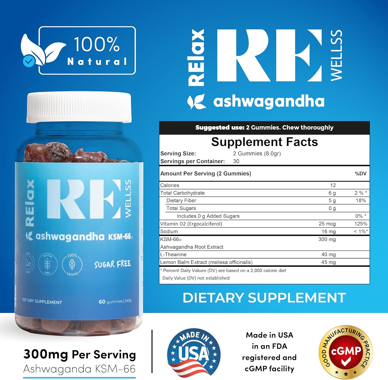 Ashwagandha Gummies with KSM-66 Root, L-Theanine, Vitamin D | Sugar-Free Immune Support & Stress Relief | Dietary Supplement