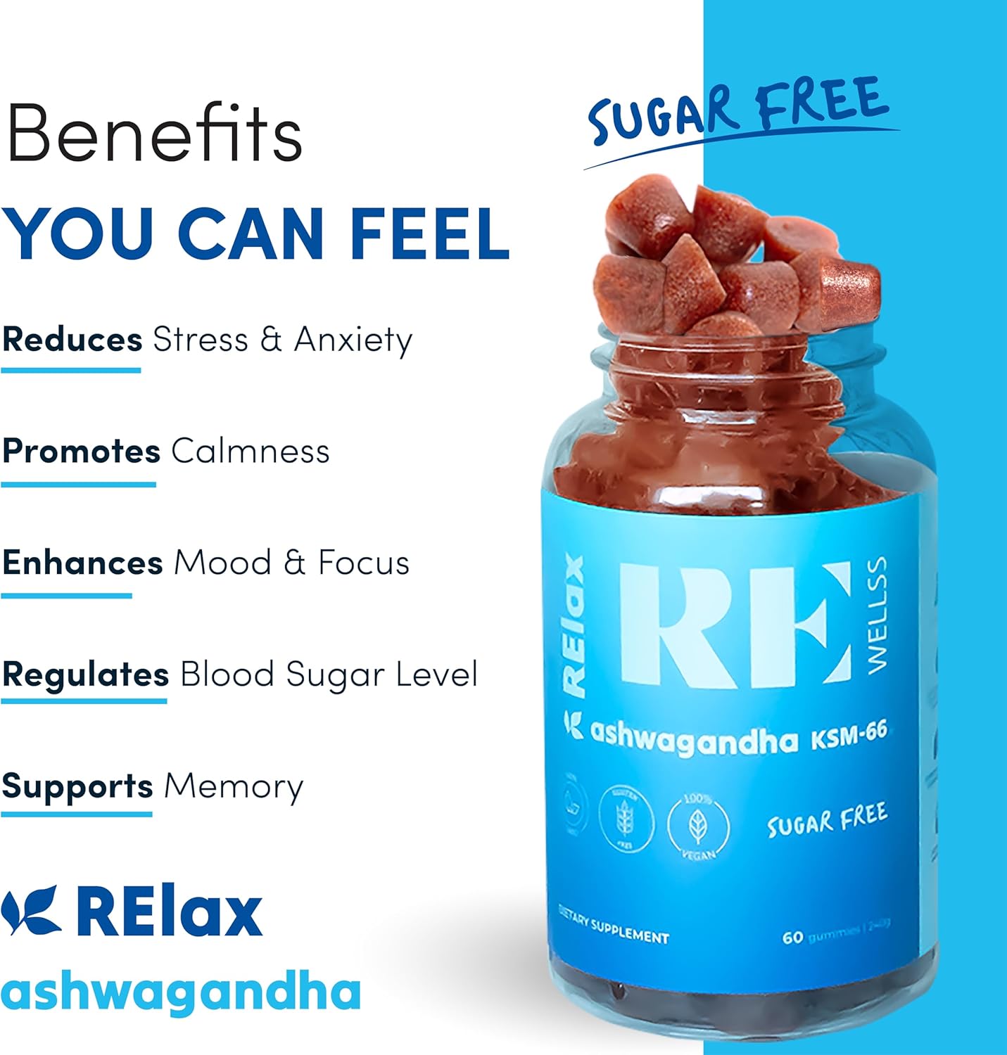 Ashwagandha Gummies with KSM-66 Root, L-Theanine, Vitamin D | Sugar-Free Immune Support & Stress Relief | Dietary Supplement