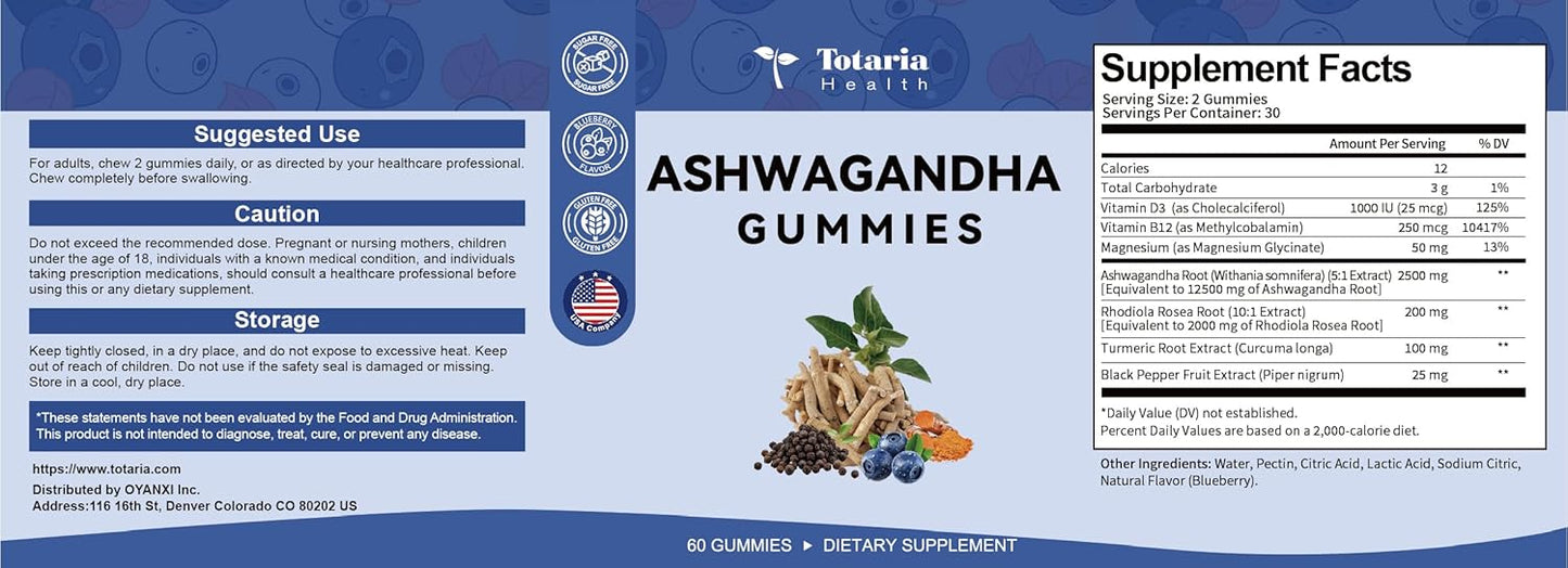 Ashwagandha Gummies with Magnesium Glycinate and Rhodiola Rose for Women and Men - Totaria Supplement