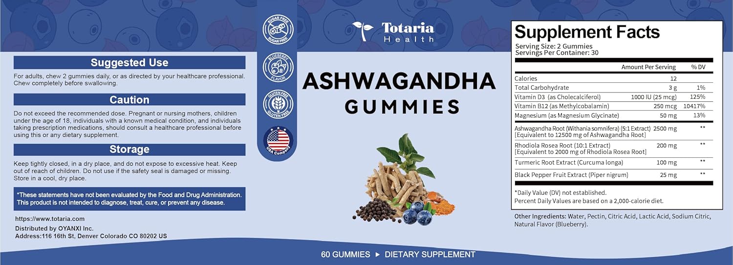 Ashwagandha Gummies with Magnesium Glycinate and Rhodiola Rose for Women and Men - Totaria Supplement