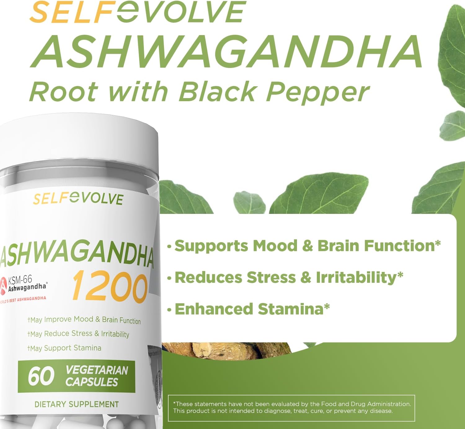 Ashwagandha KSM-66 Capsules for Occasional Stress Relief, Dietary Supplement, 1 Month Supply
